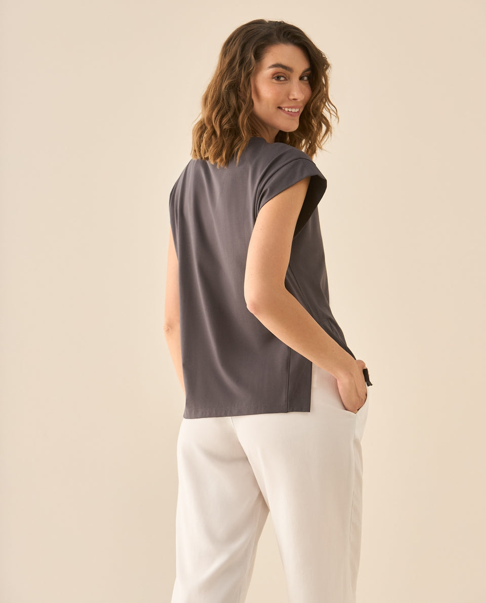 Camiseta manga sisa con letras estampadas al frente para mujer - Gris 34_103G003_GRI190203_5