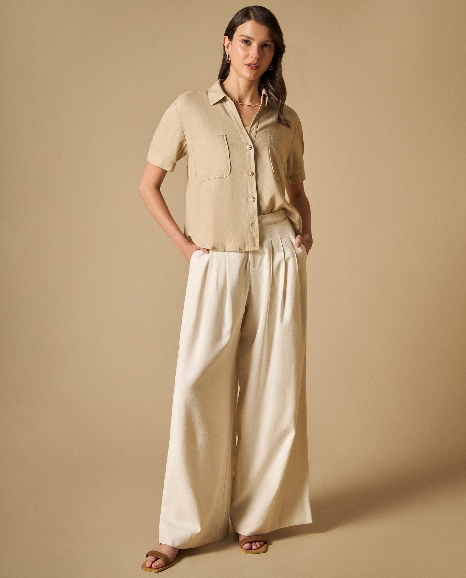 Camisa camisera manga corta con bolsillos - Beige 34_111H007_BEI151306_5