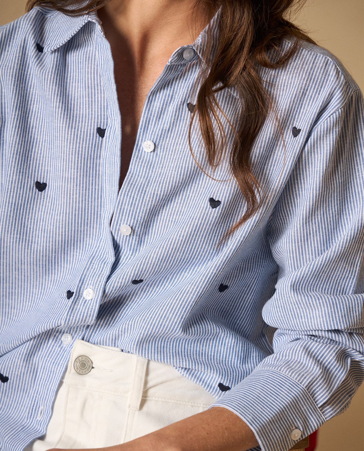 Camisa camisera manga larga en mezcla de algodón y lino - Azul