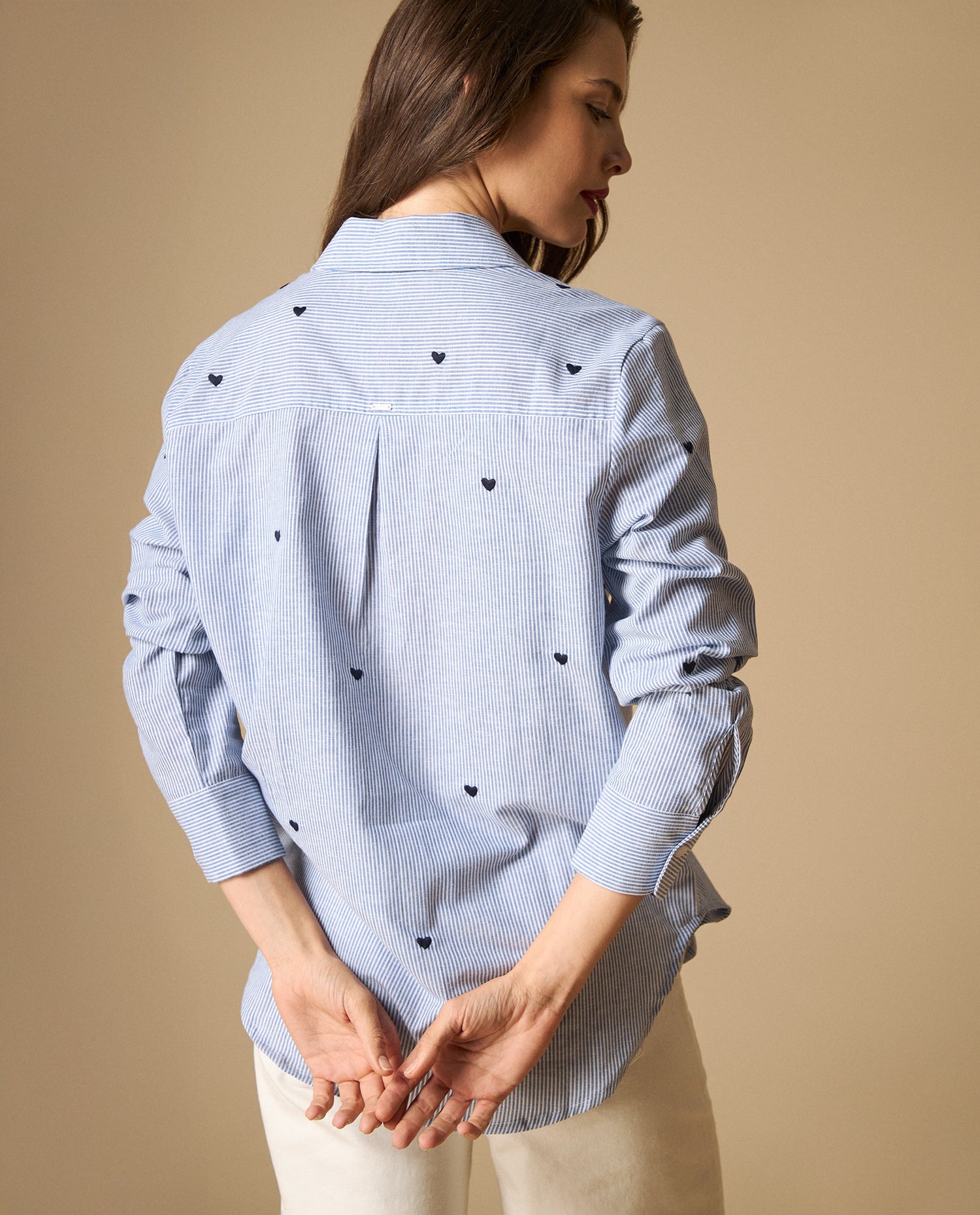 Camisa camisera manga larga en mezcla de algodón y lino - Azul