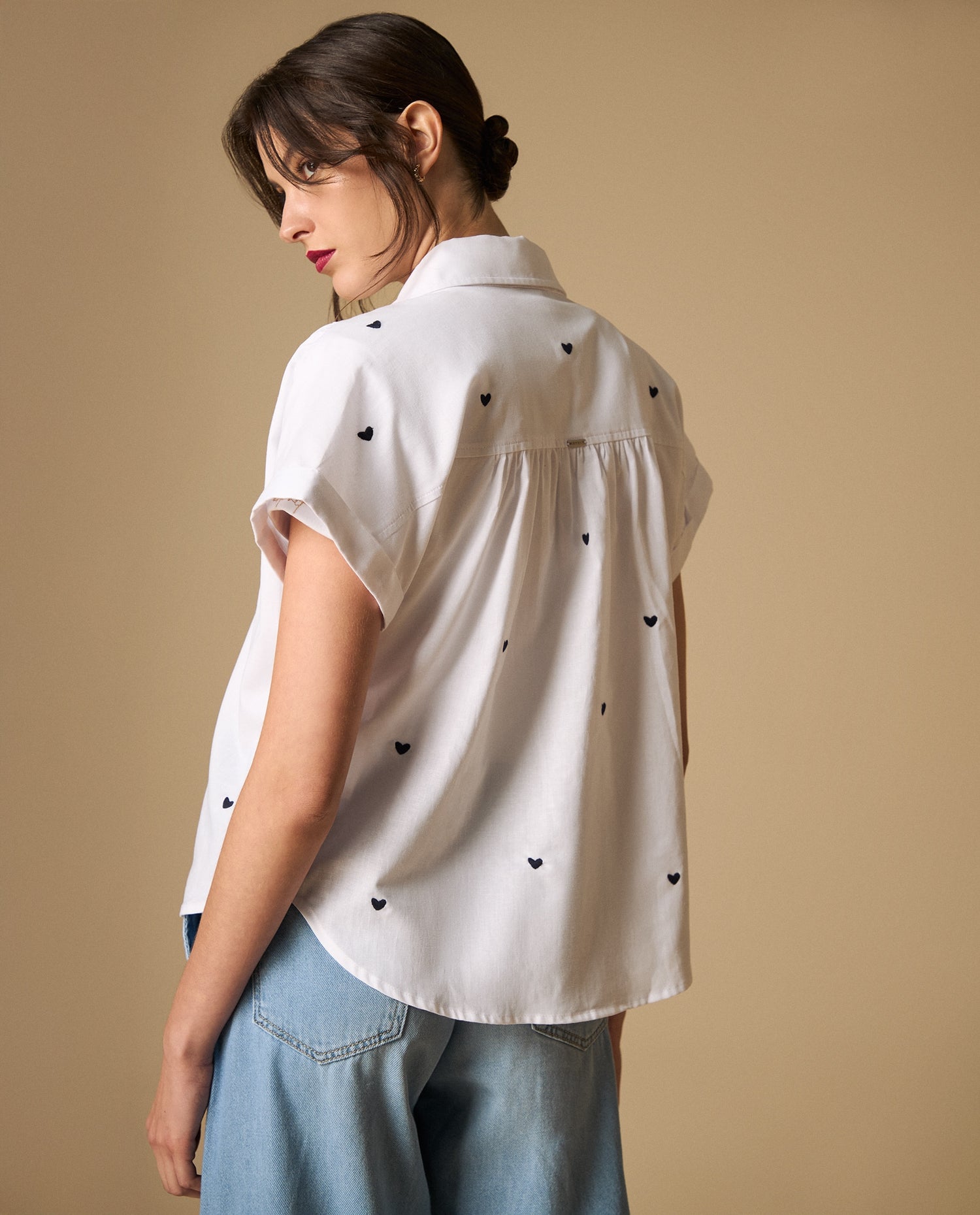 Camisa bordada manga sisa con cuello camisero - Blanco