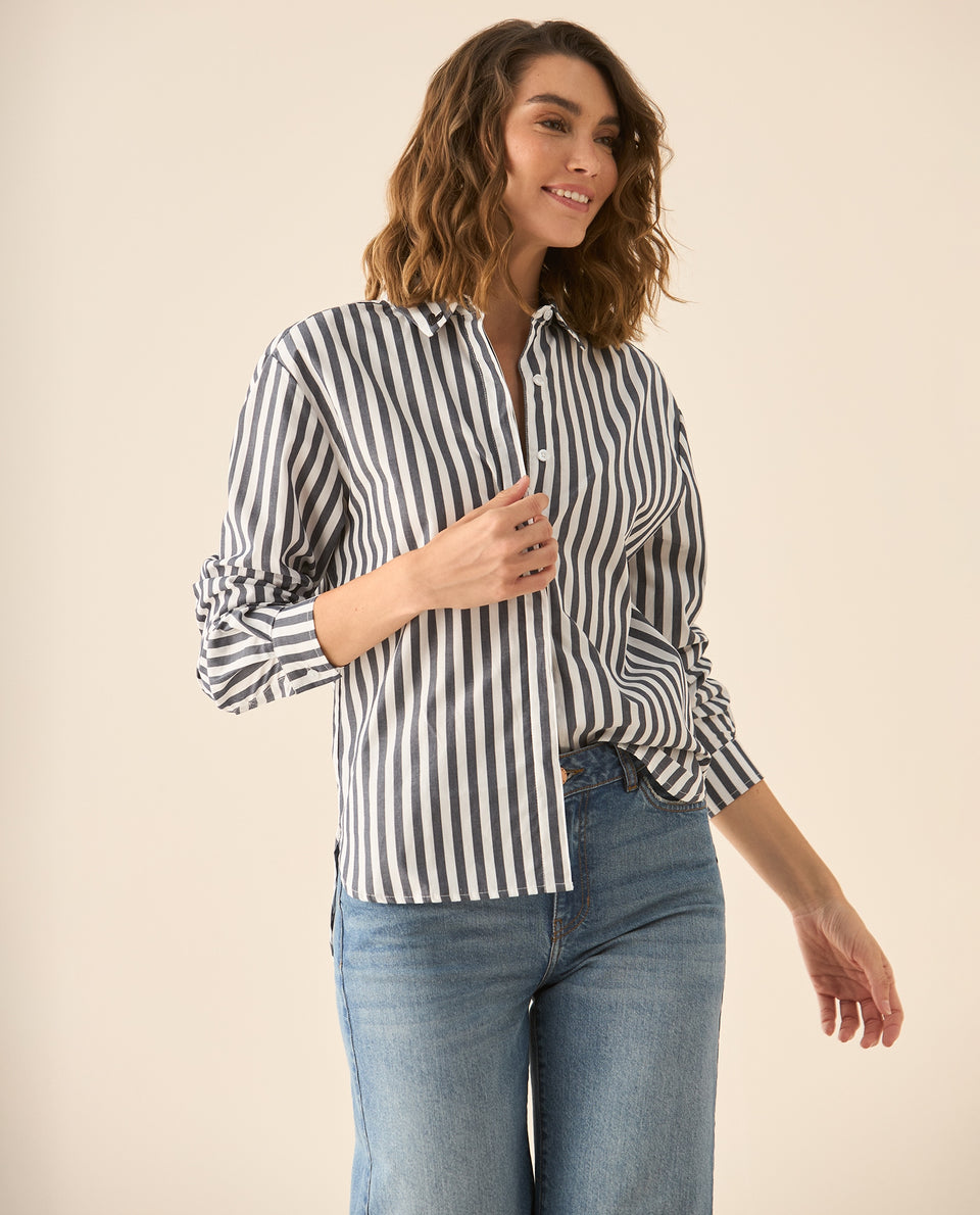 Camisa de rayas con bordado en el cuello para mujer - Negro 34_113G005_NEG190303_3