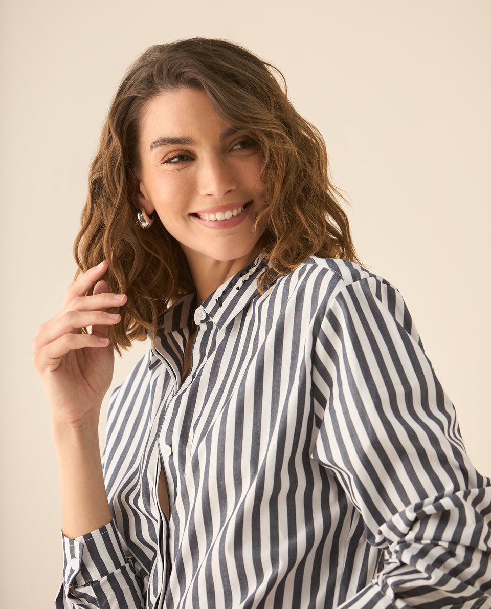 Camisa de rayas con bordado en el cuello para mujer - Negro 34_113G005_NEG190303_4
