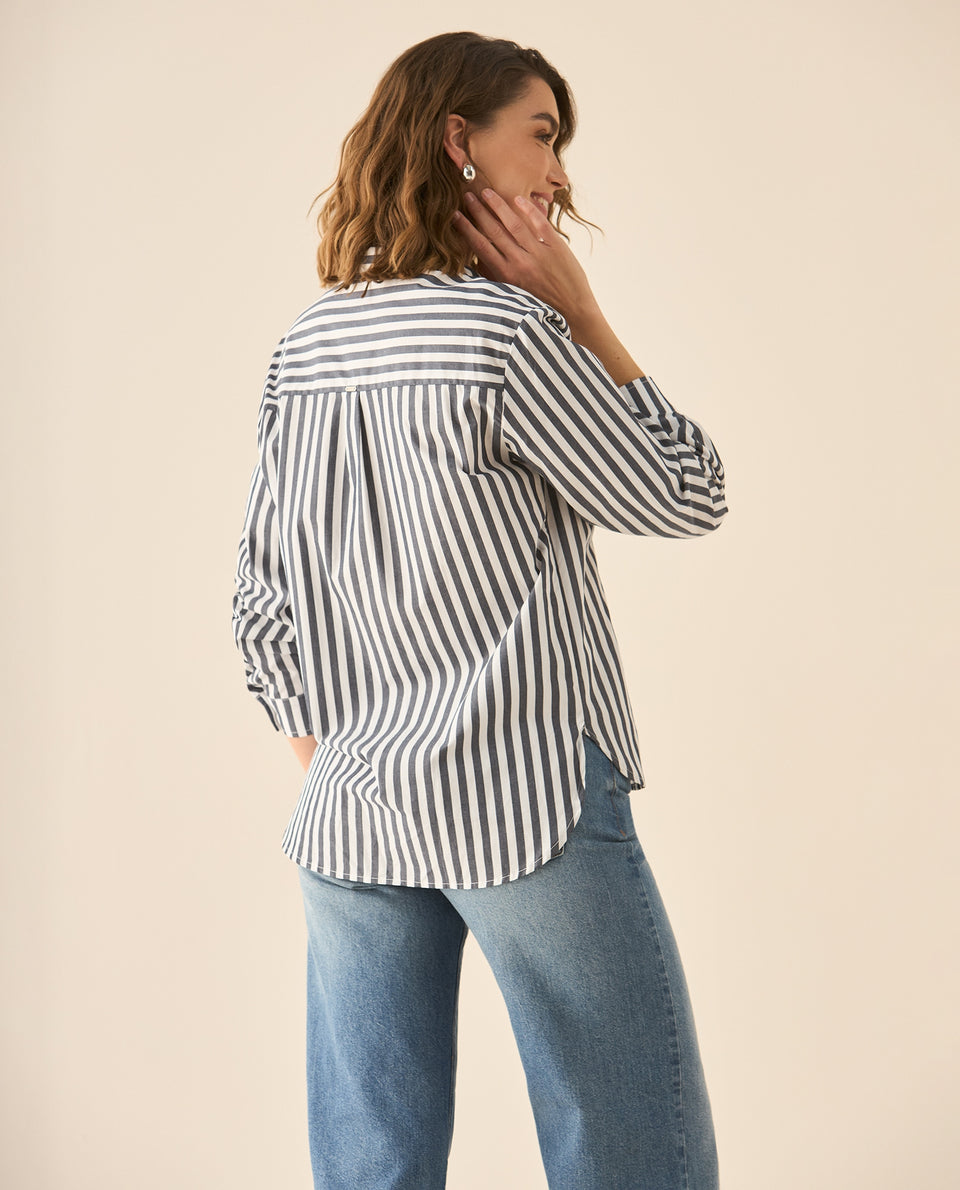 Camisa de rayas con bordado en el cuello para mujer - Negro 34_113G005_NEG190303_5