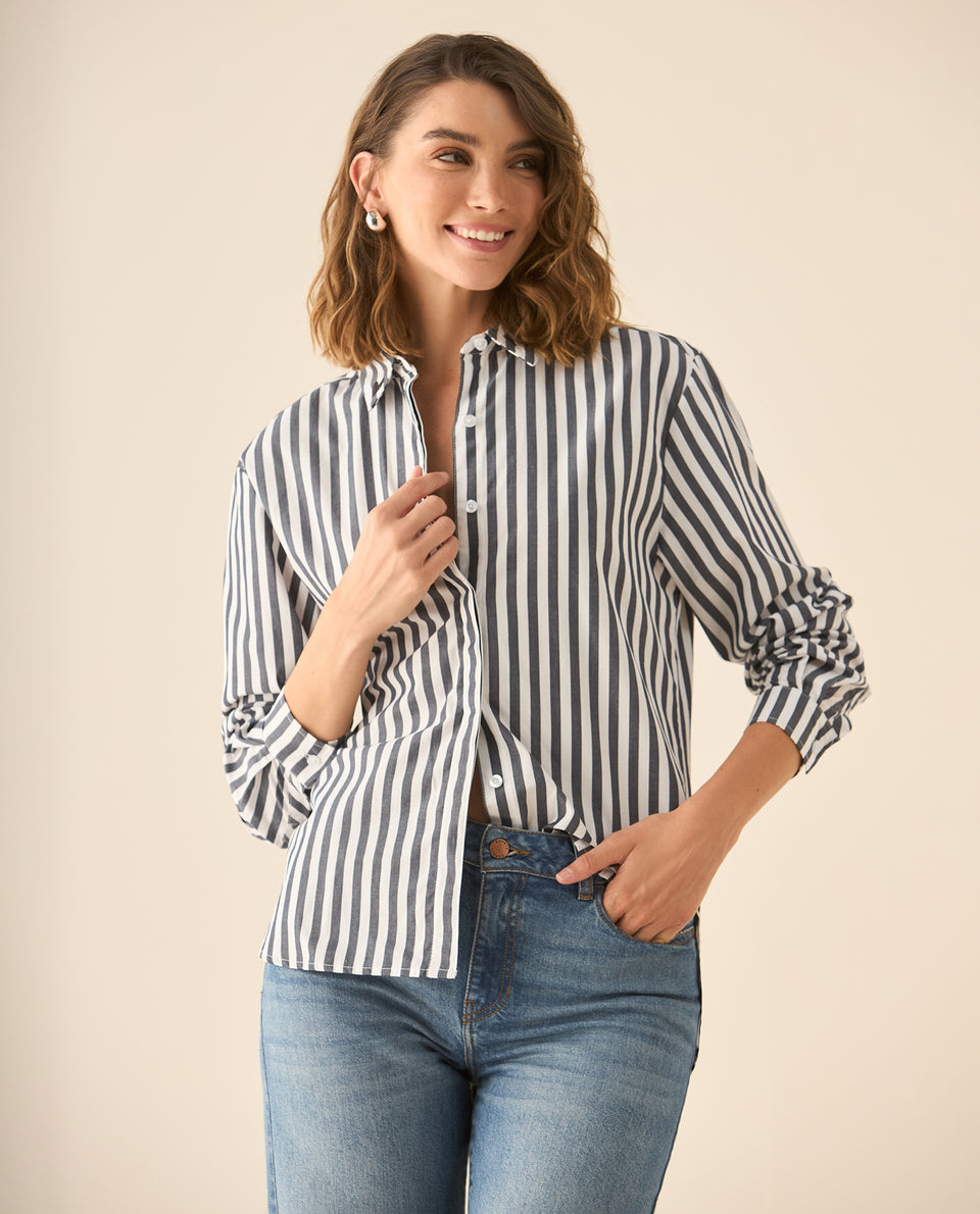 Camisa de rayas con bordado en el cuello para mujer - Negro 34_113G005_NEG190303_6
