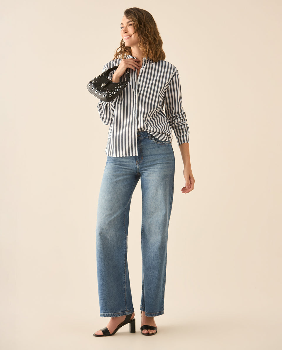 Camisa de rayas con bordado en el cuello para mujer - Negro 34_113G005_NEG190303_7