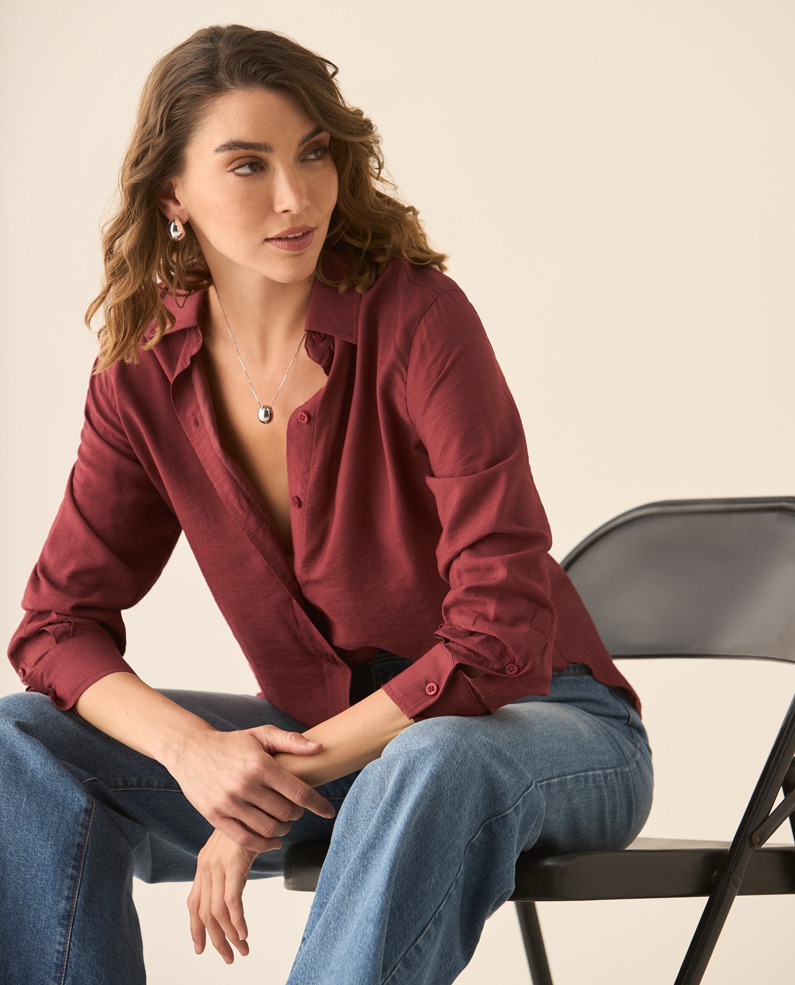 Camisa manga larga con ruedo curvo para mujer - Rojo 34_113G006_ROJ191531_0