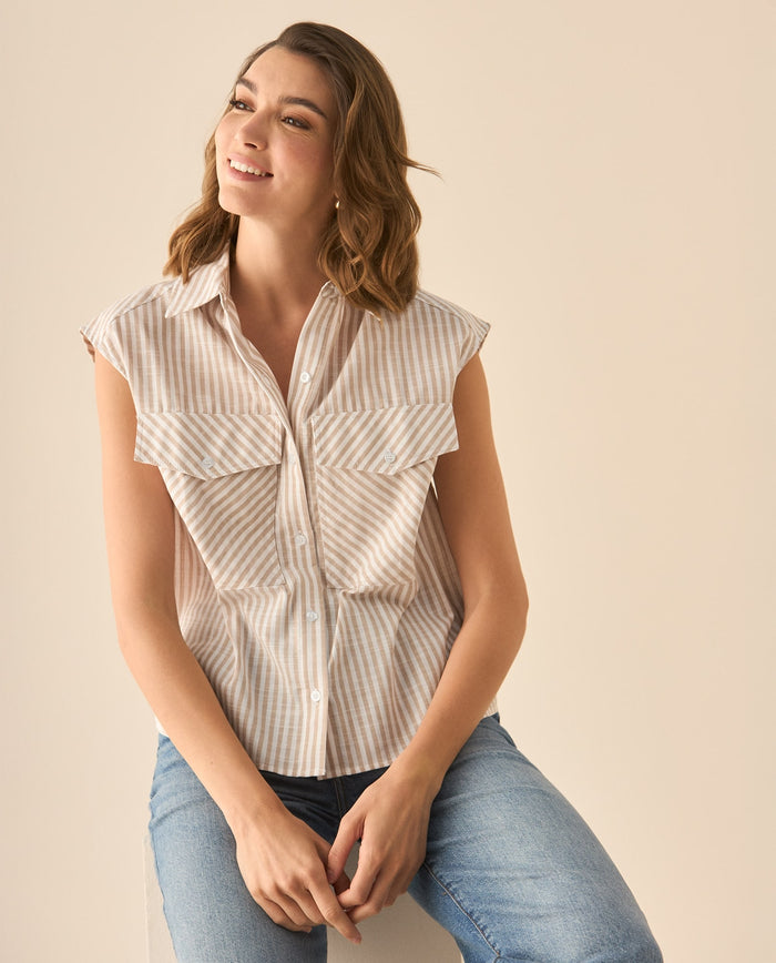 Camisa a rayas manga sisa para mujer - Café 34_113G012_CAF171319_3