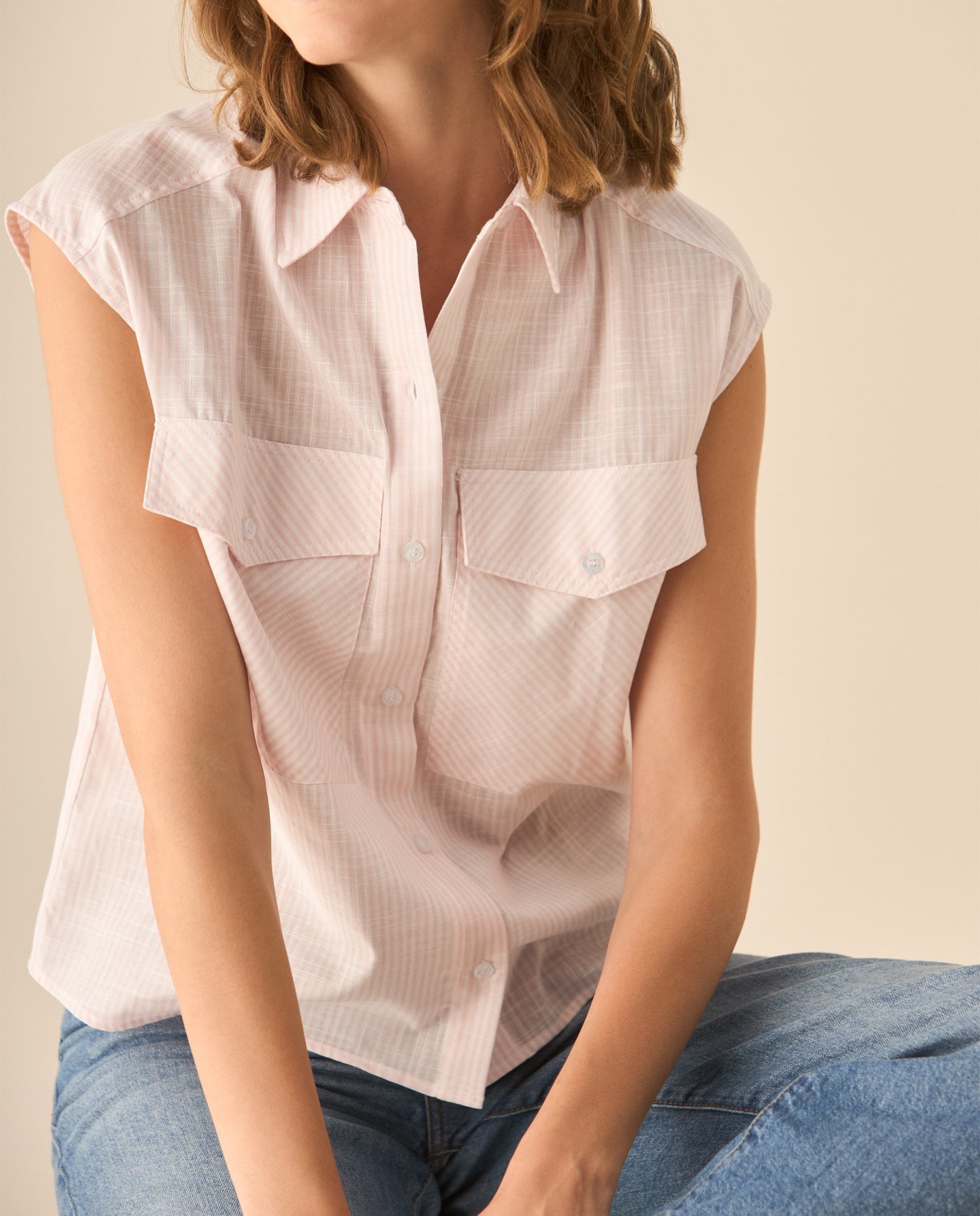 Camisa a rayas manga sisa para mujer - Rosa