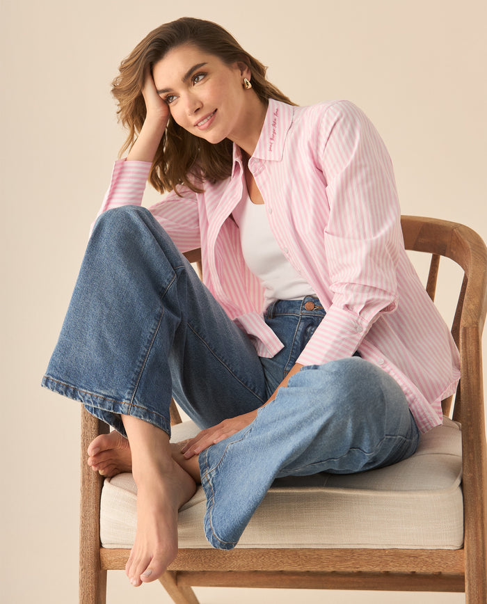 Camisa a rayas con bordado en el cuello para mujer - Rosa 34_113G013_ROS142808_0