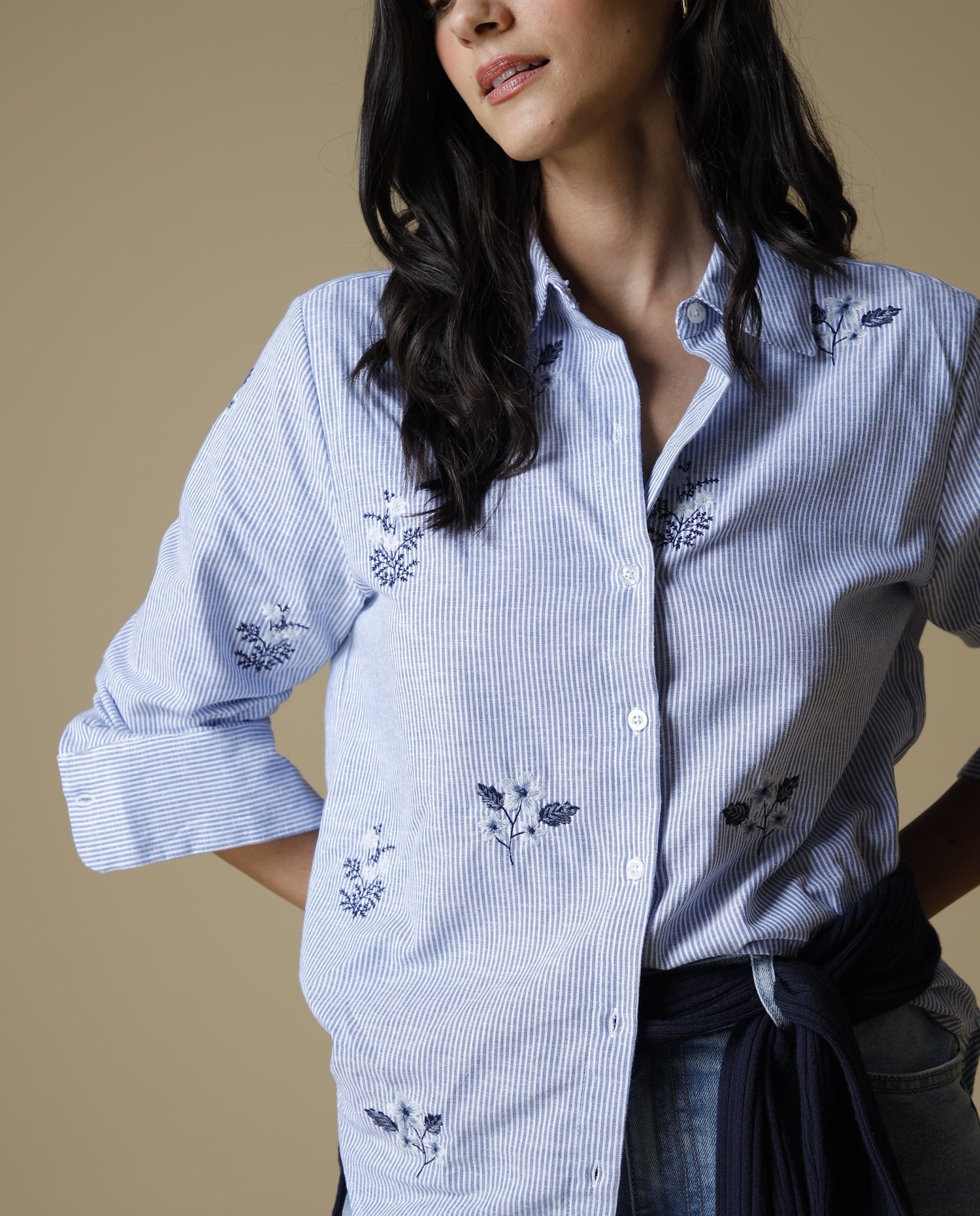 Camisa Manga Larga Algodón-Lino - Azul