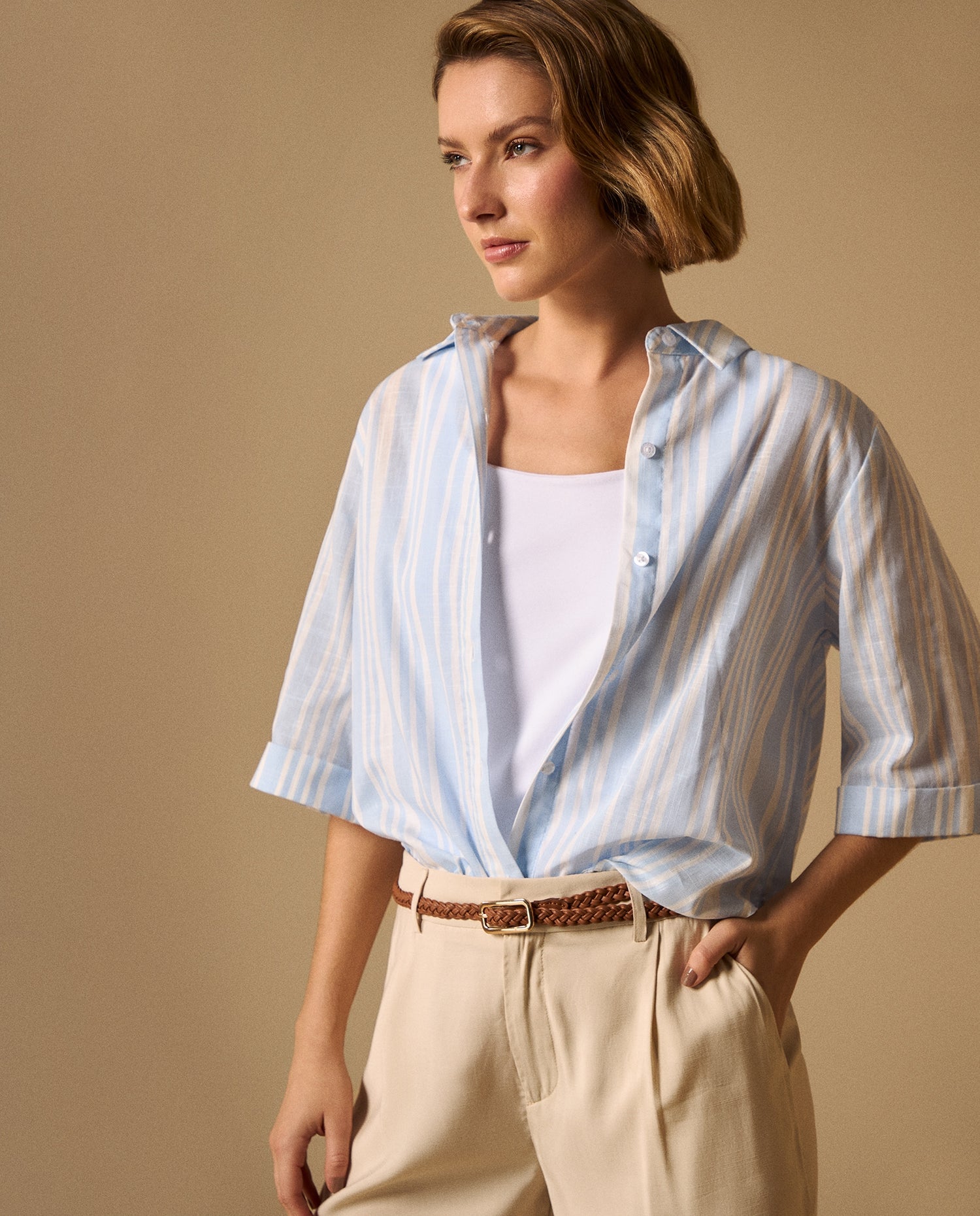 Camisa Rayas Manga Corta Premium - Azul