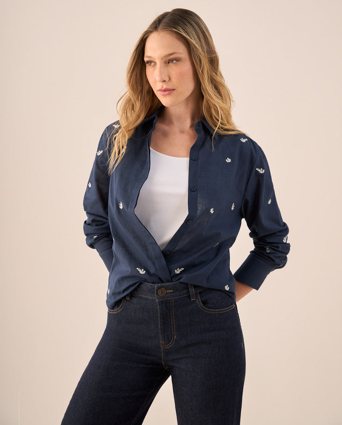 Camisa con Bordados Florales Azules - Azul 34_119G701_AZU193923_0