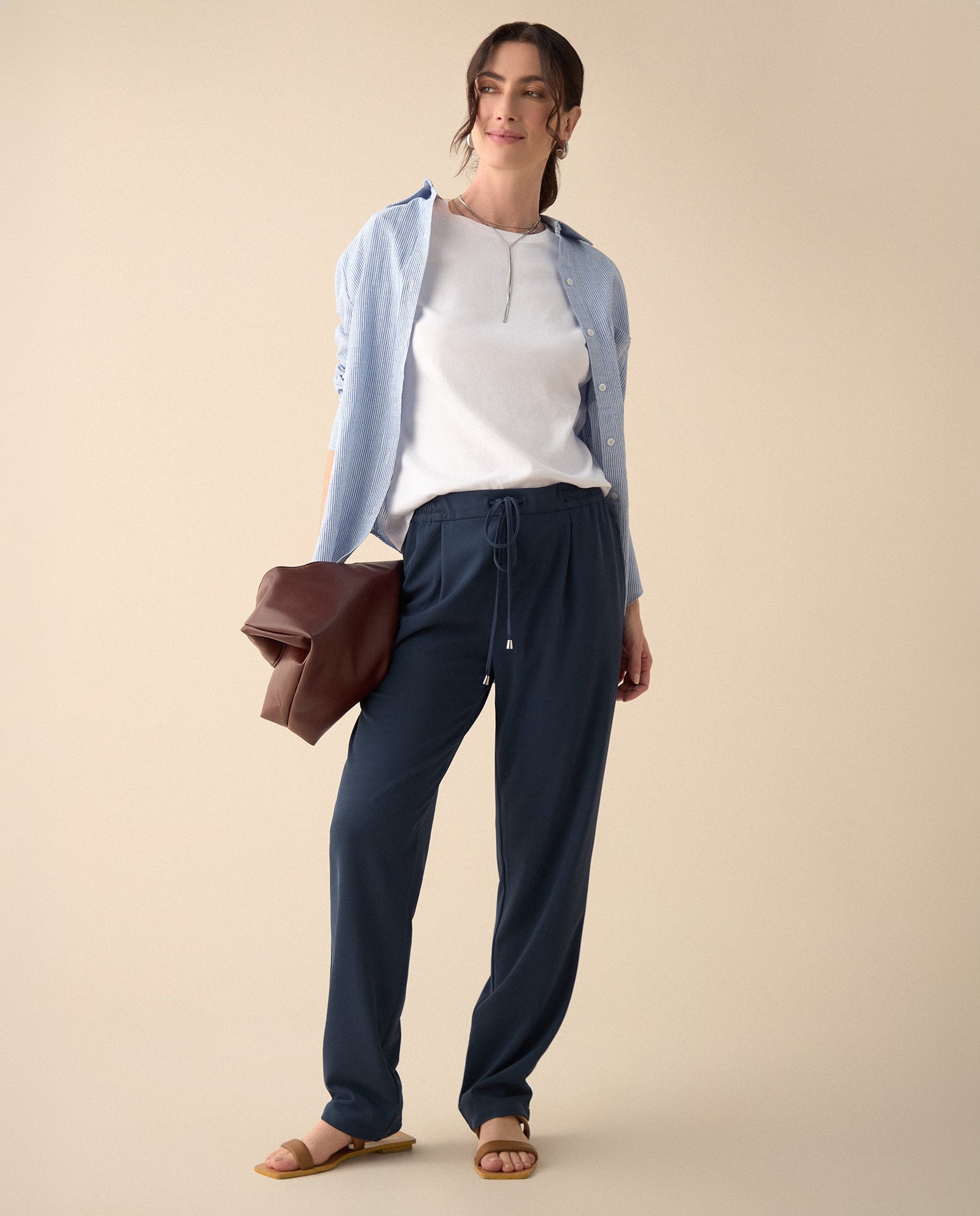 Pantalón elegante ajustable con cordón para mujer - Azul