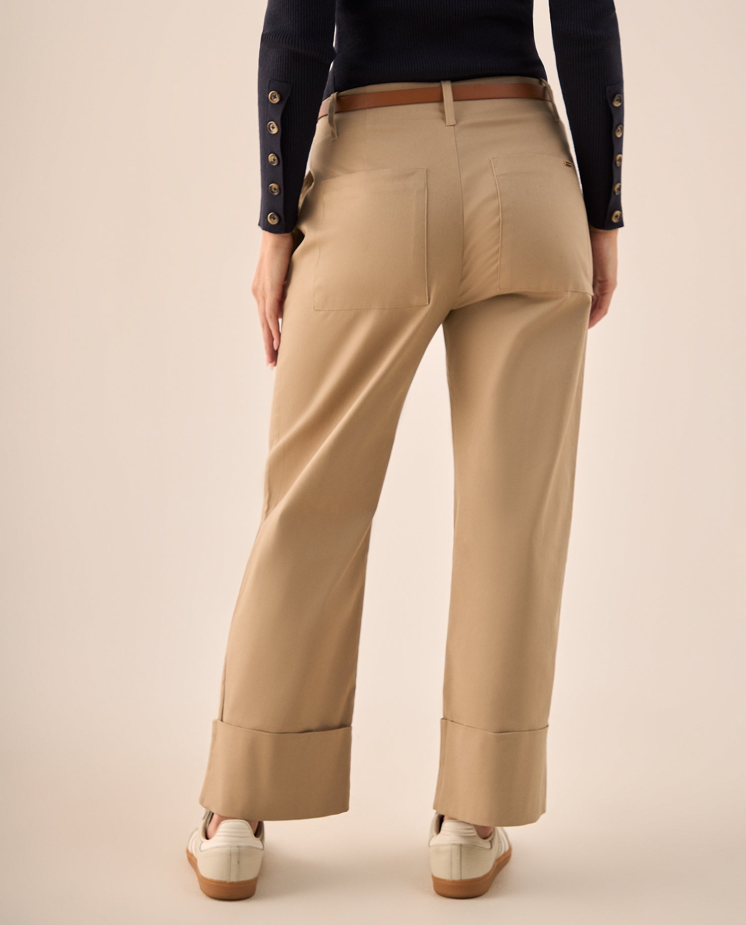 Pantalón Wide Leg con Dobladillo Amplio - Beige