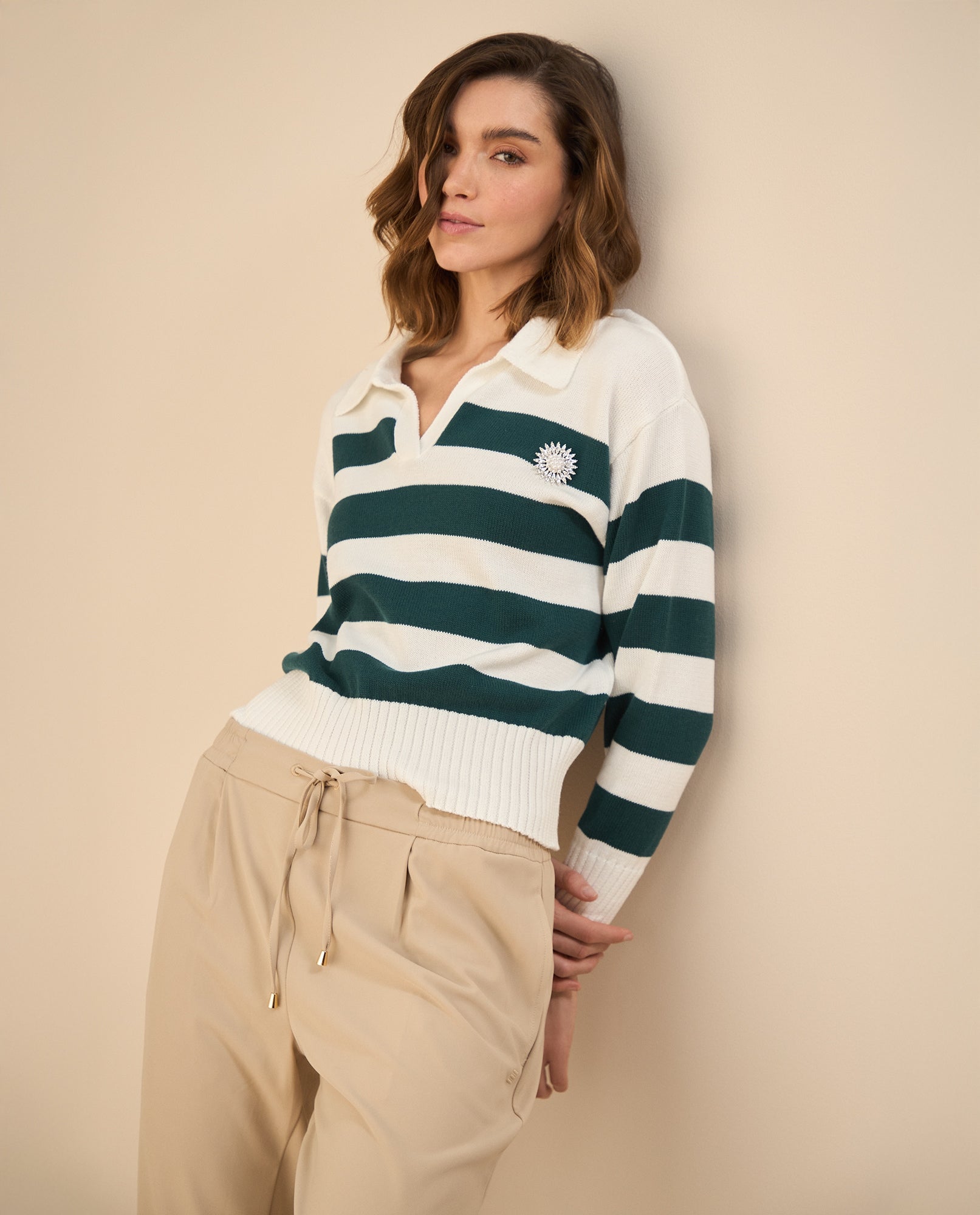 Buzo tejido de cuello clásico para mujer - Verde 34_162G220_VER170839_0