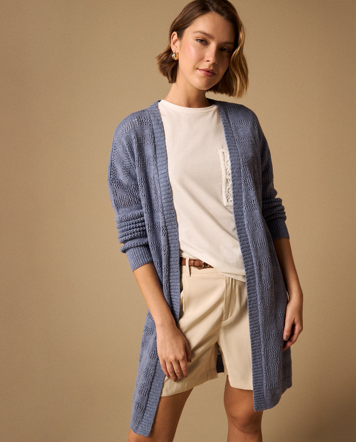 Cardigan Largo con Tejido Calado Geométrico - Azul