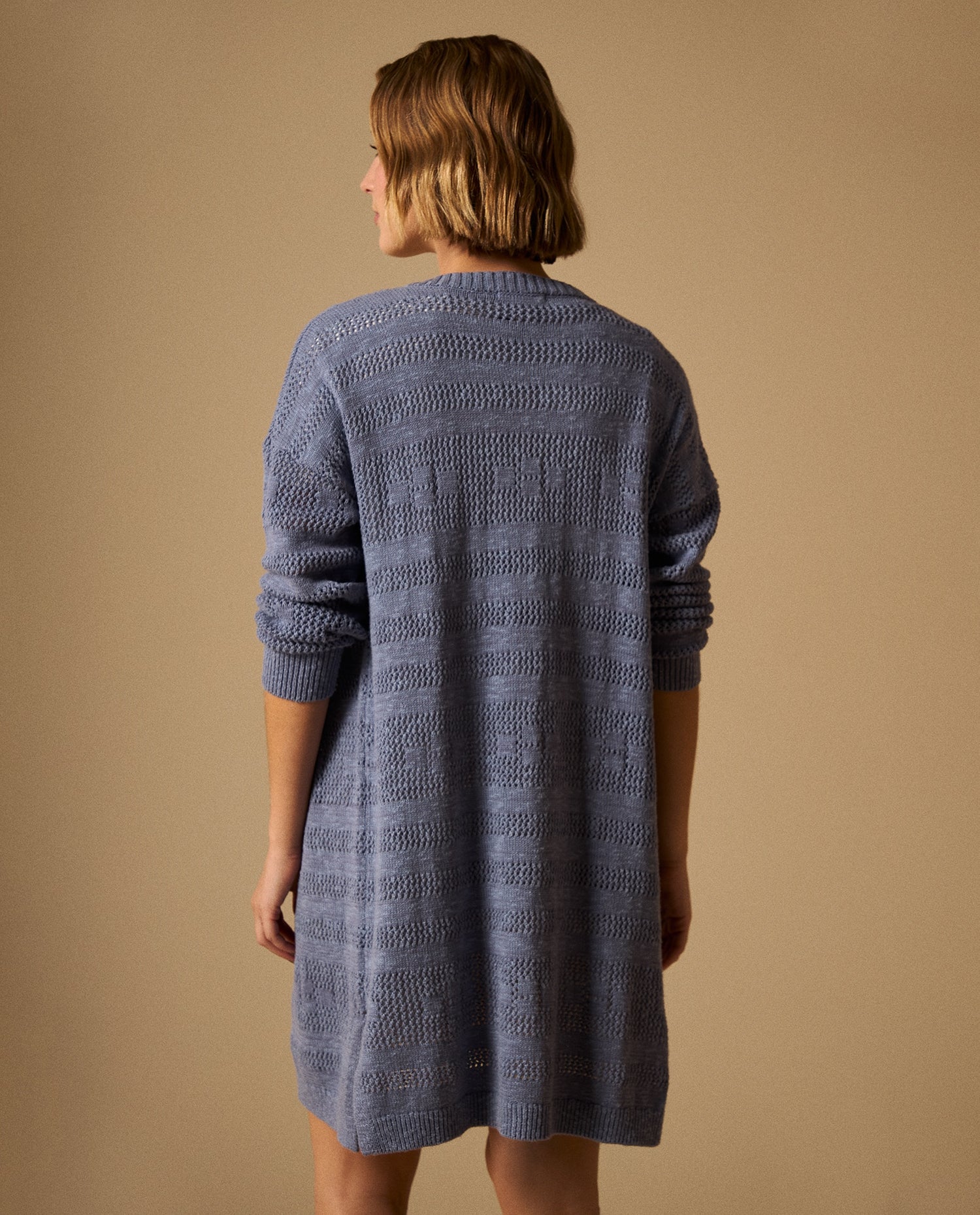 Cardigan Largo con Tejido Calado Geométrico - Azul