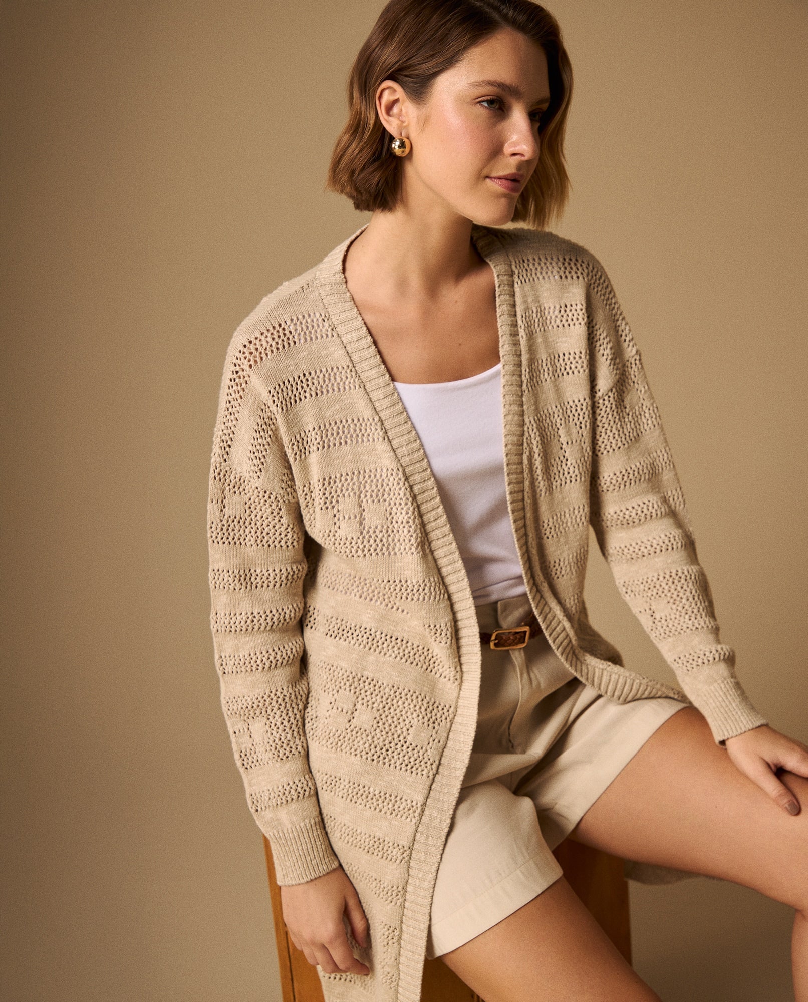 Cardigan Largo con Tejido Calado Geométrico - Beige 34_169G220_BEI171022_4