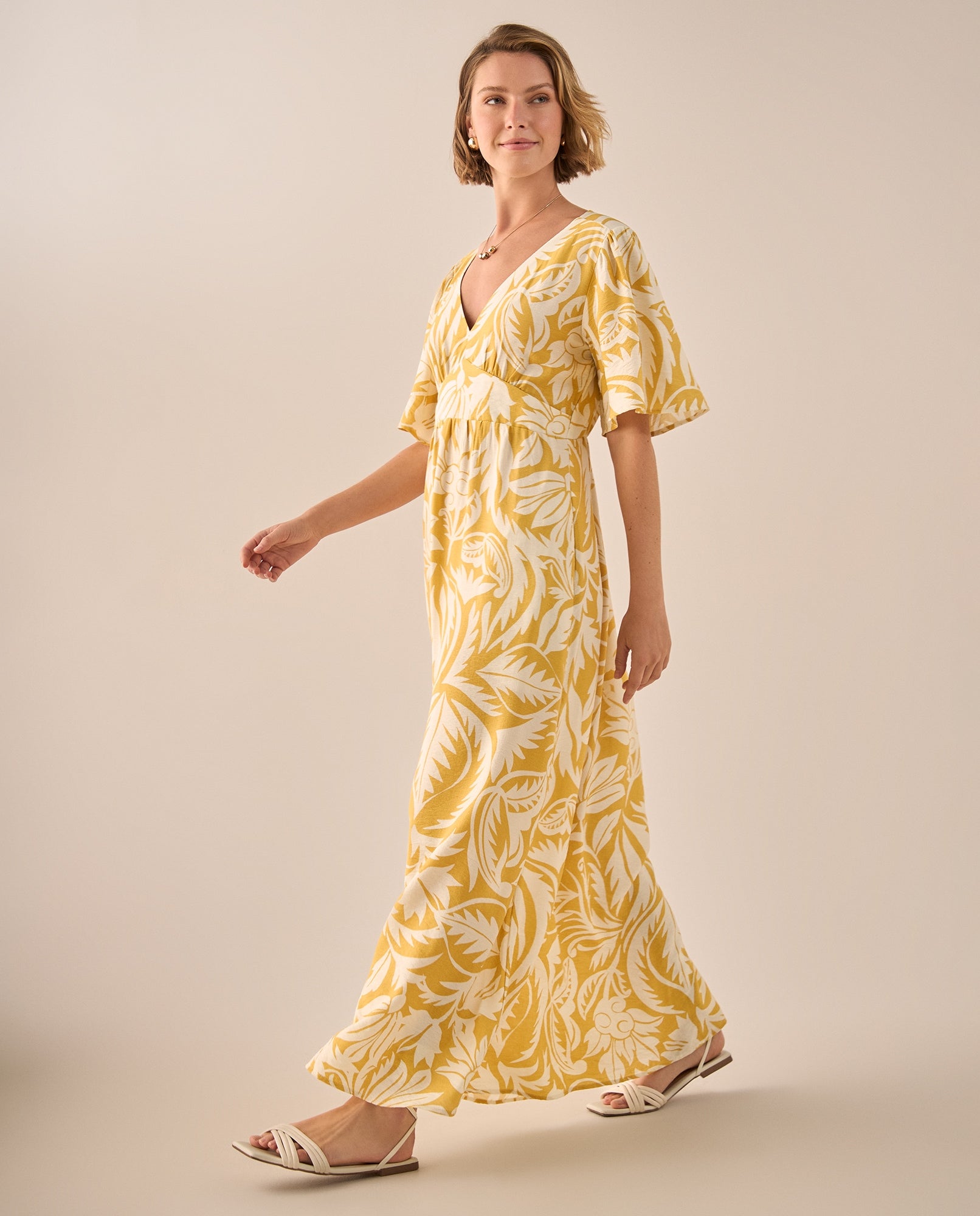 Vestido Maxi Tropical Amarillo con Mangas Volumen - Amarillo 34_199G001_AMA140935_0