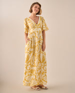 Vestido Maxi Tropical Amarillo con Mangas Volumen - Amarillo