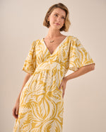 Vestido Maxi Tropical Amarillo con Mangas Volumen - Amarillo
