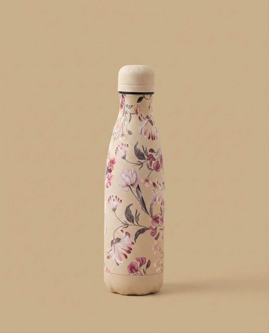 Termo en acero inoxidable con estampado floral - Beige