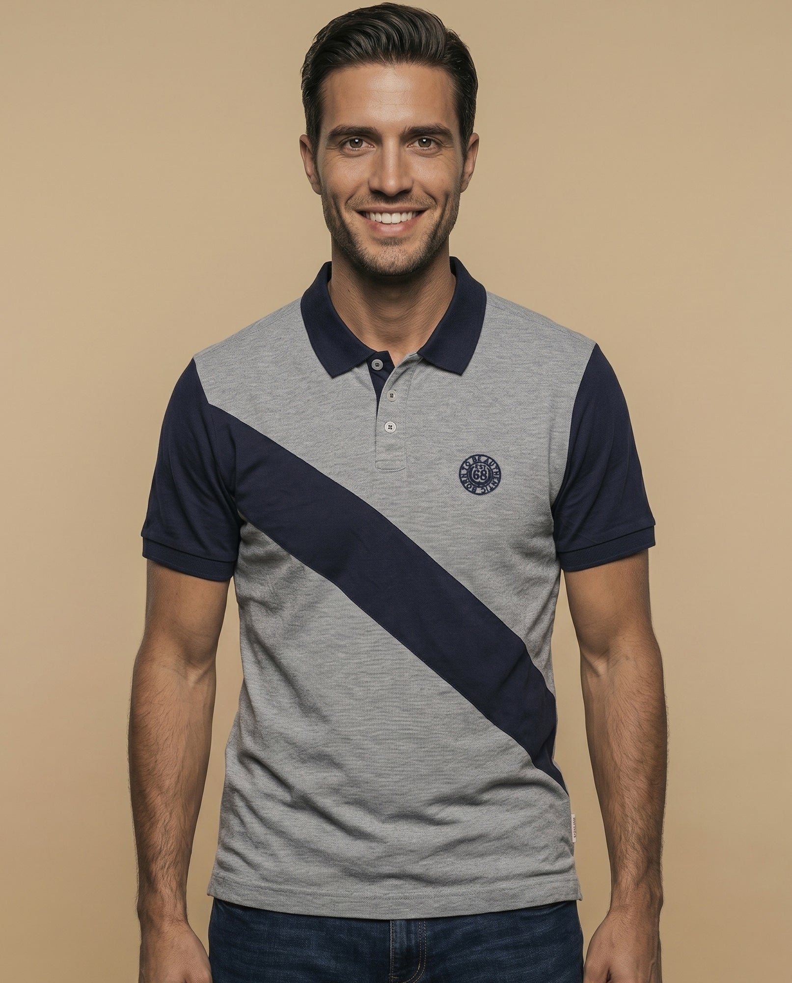 Polo manga corta bicolor con franja diagonal para hombre - Gris 34_305E328_GRI184006_0