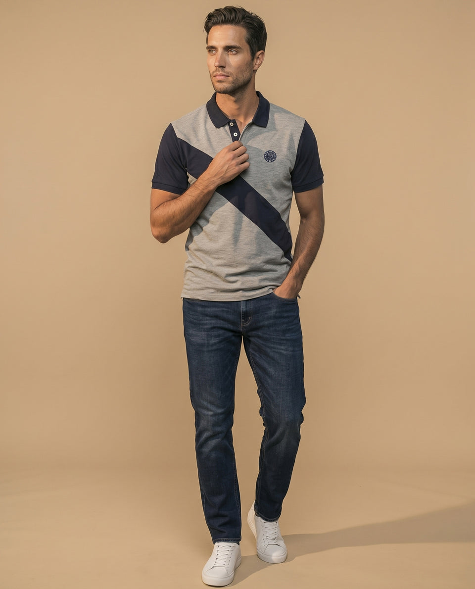 Polo manga corta bicolor con franja diagonal para hombre - Gris 34_305E328_GRI184006_5