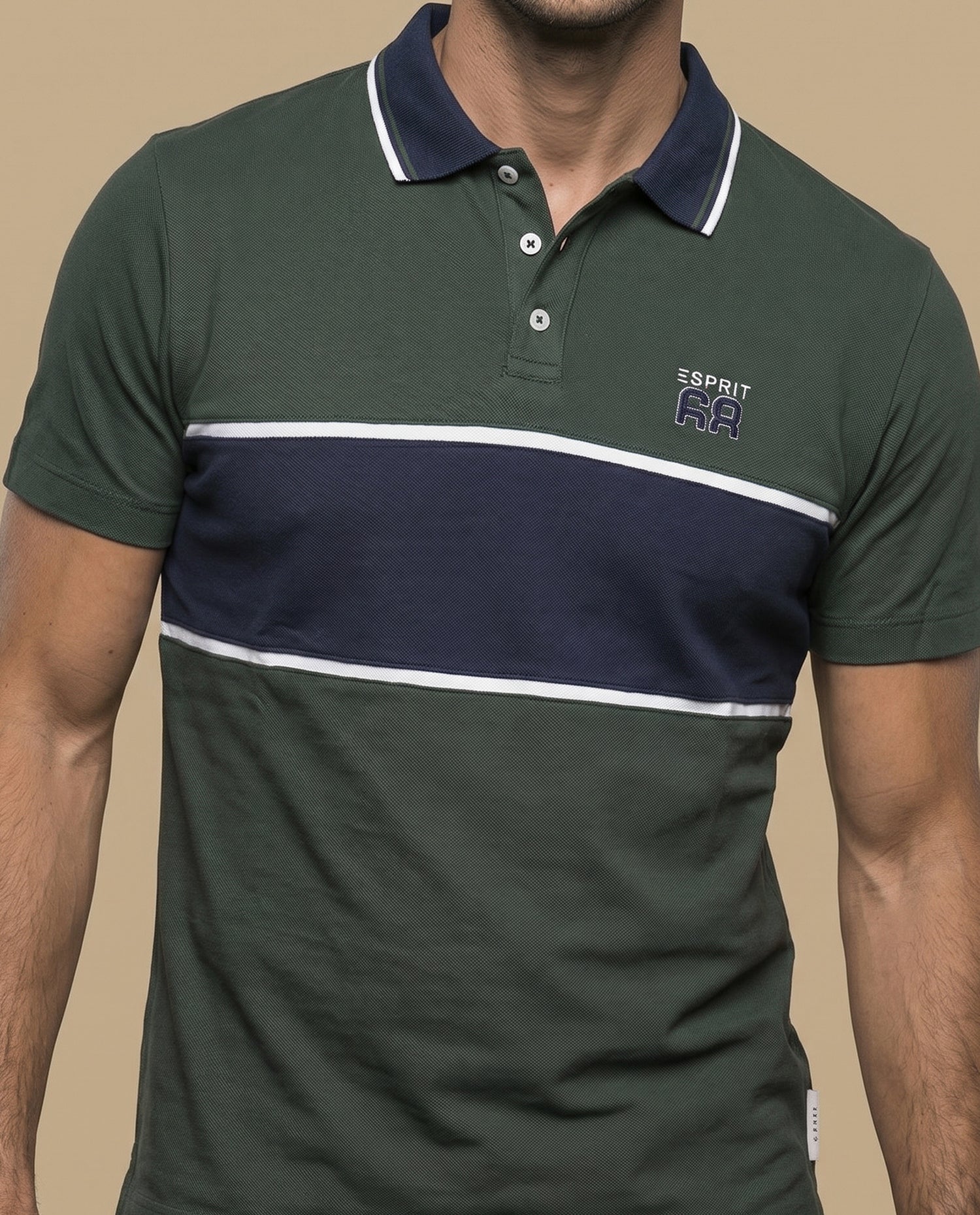 Polo manga corta con franja horizontal y cuello contrastado para hombre - Verde