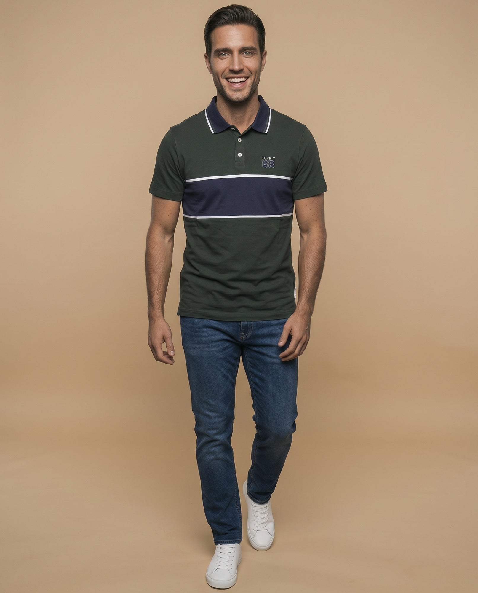 Polo manga corta con franja horizontal y cuello contrastado para hombre - Verde 34_305E347_VER190622_5