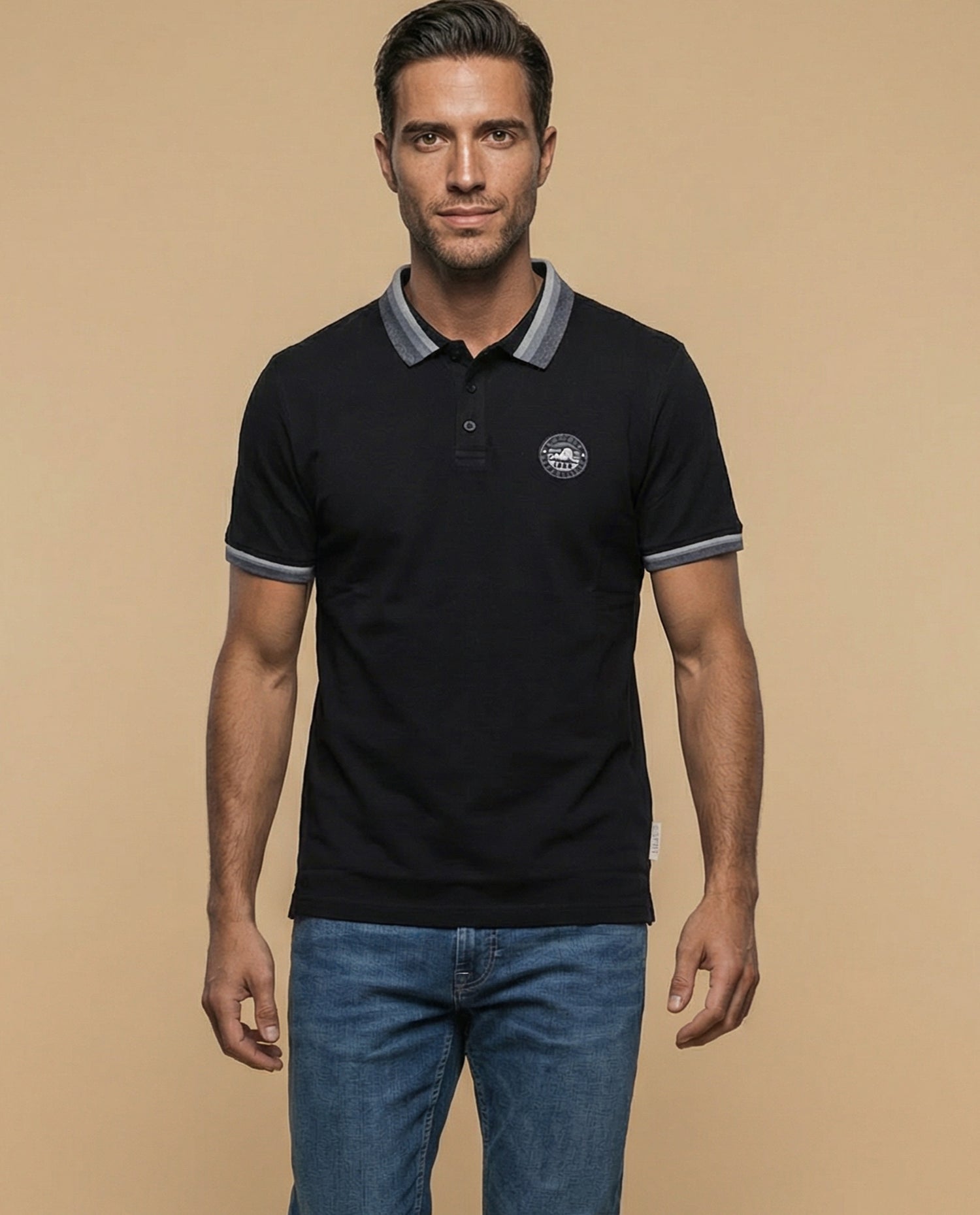 Polo manga corta con ribetes contrastantes para hombre - Negro
