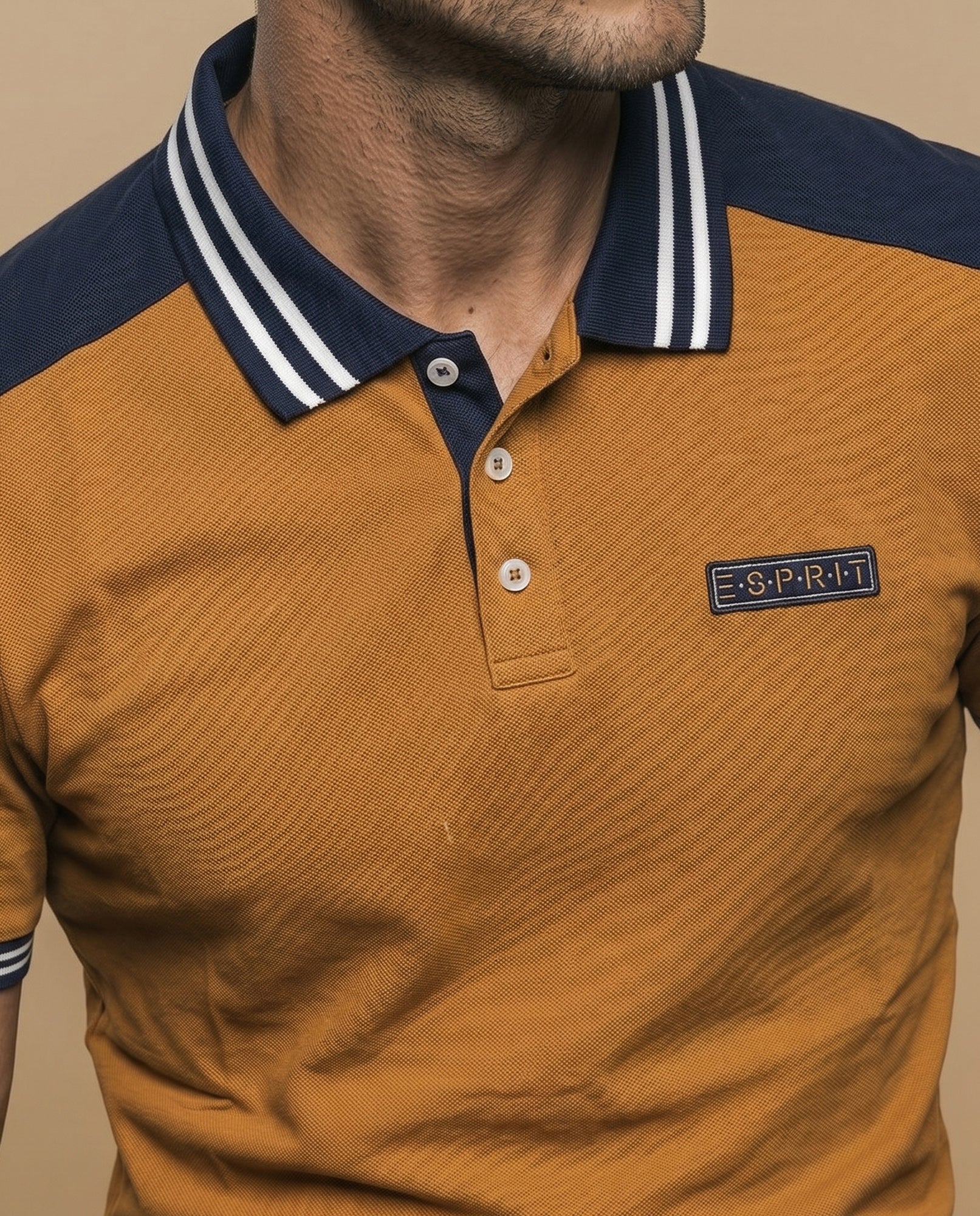 Polo manga corta con cuello acanalado a rayas y paneles en hombros para hombre - Naranja 34_305E370_NAR181350_3