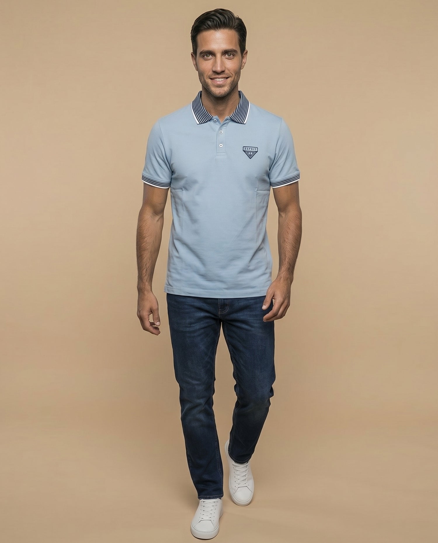Polo manga corta con cuello camisero a rayas para hombre - Azul