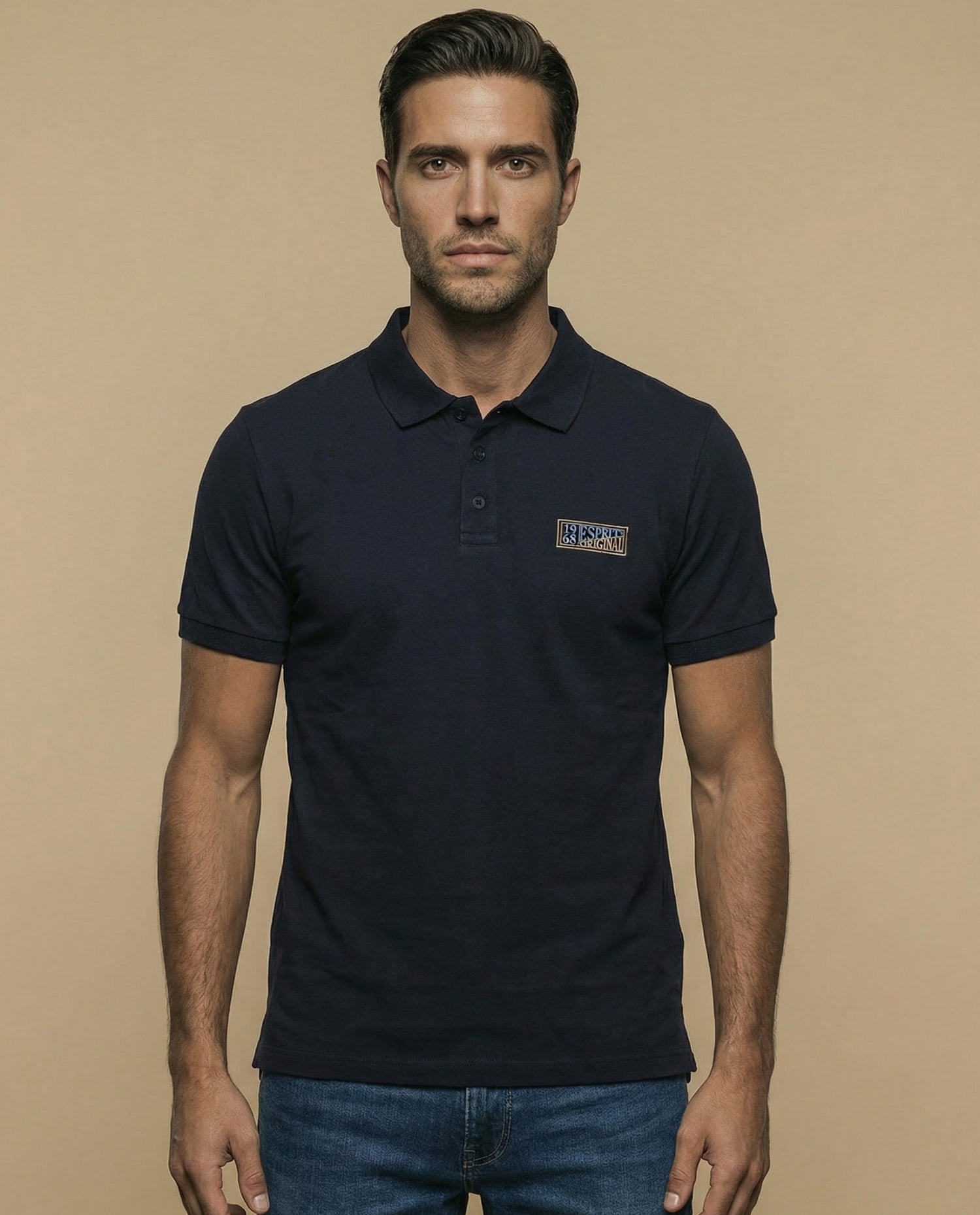 Polo manga corta con cuello camisero y parche bordado para hombre - Azul