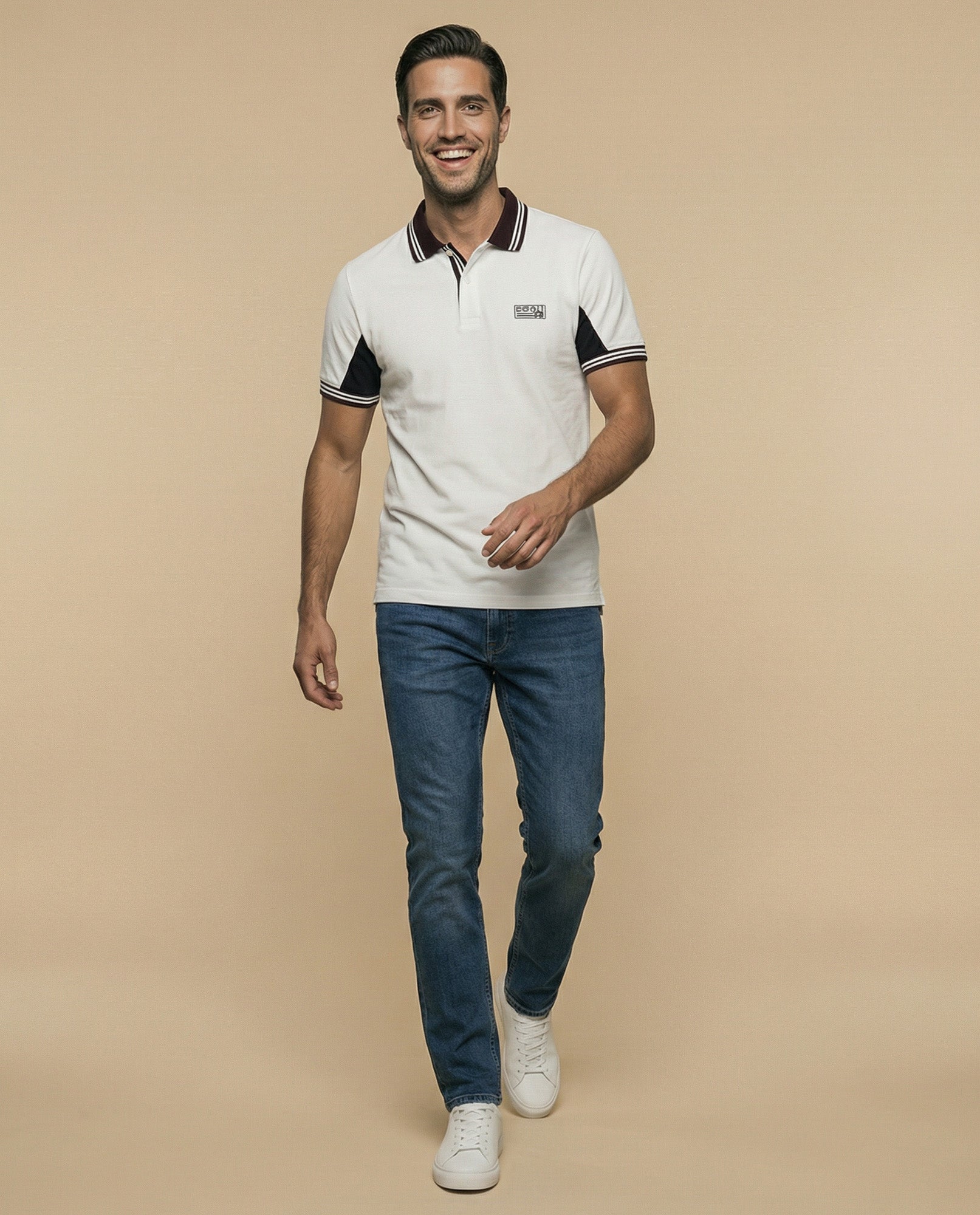 Polo manga corta con cuello acanalado a rayas y paneles contrastantes para hombre - Crudo 34_305F379_CRU110605_5