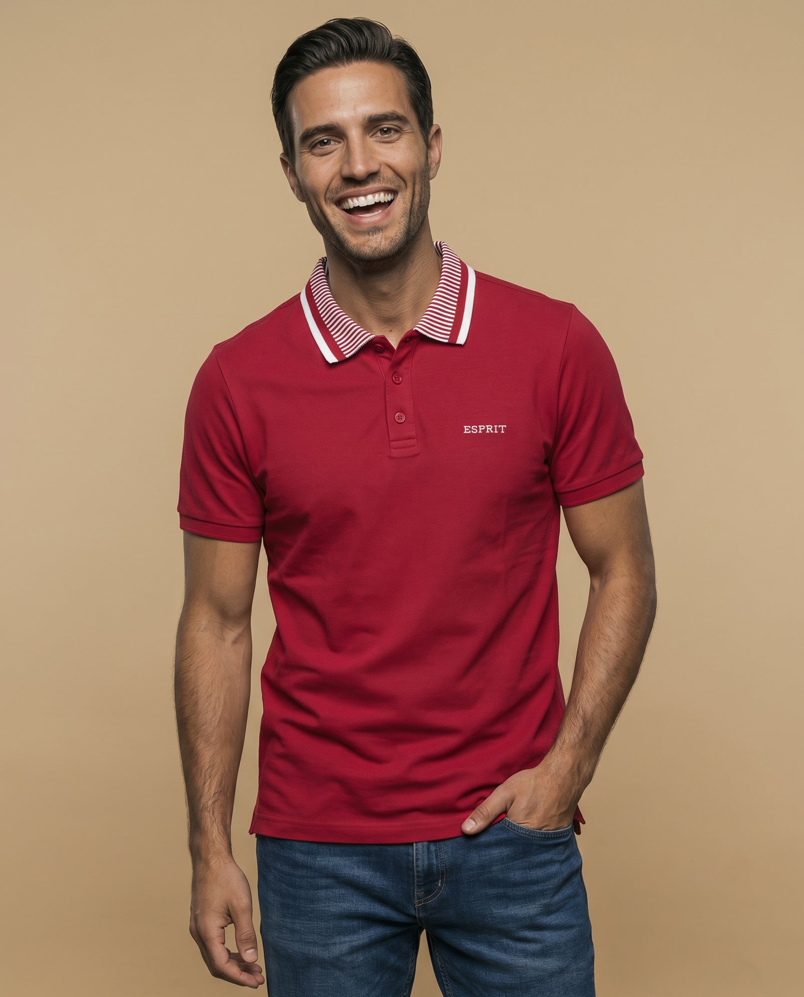 Polo manga corta con cuello a rayas y ribetes en contraste para hombre - Rojo 34_305F386_ROJ171563_0