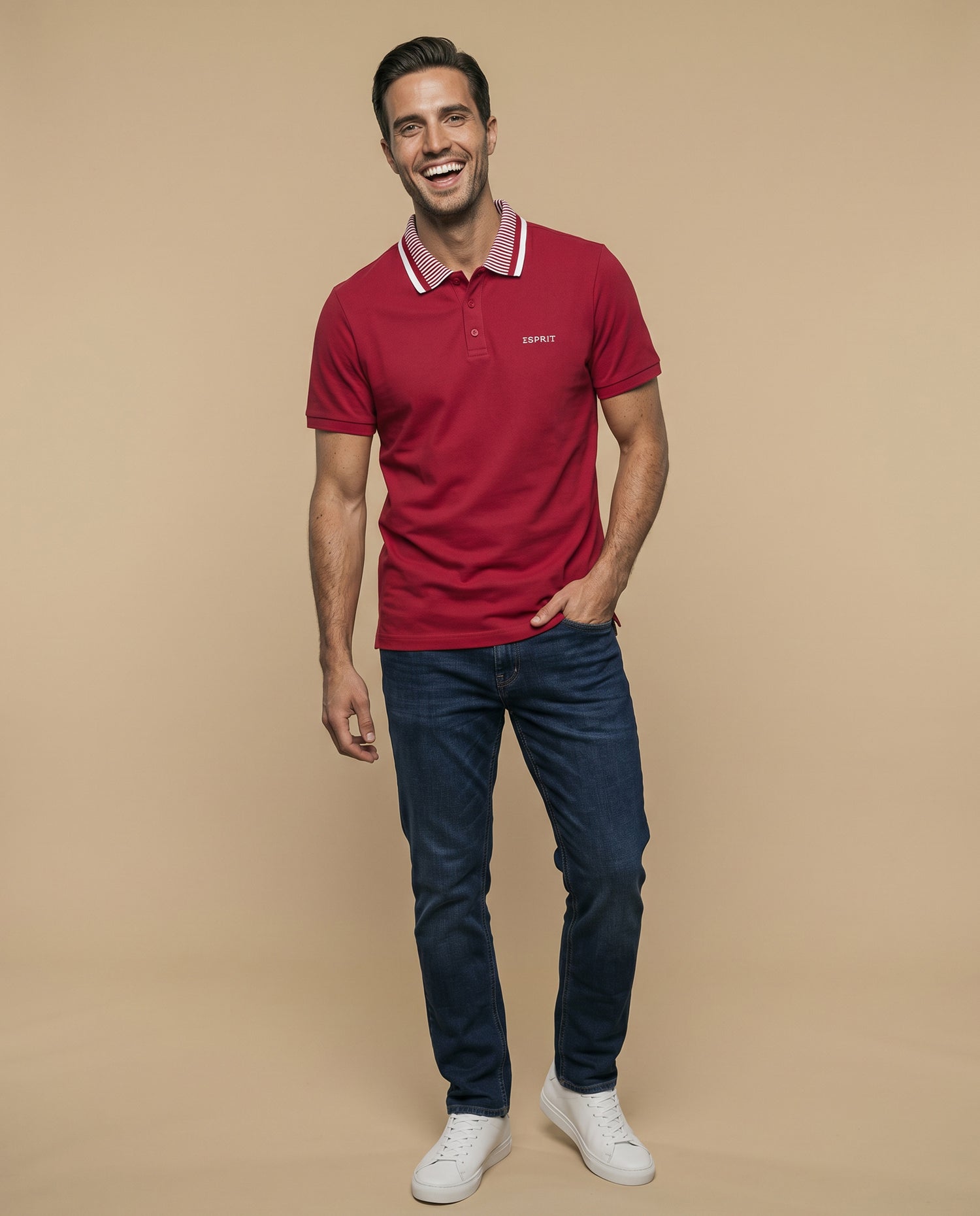 Polo manga corta con cuello a rayas y ribetes en contraste para hombre - Rojo