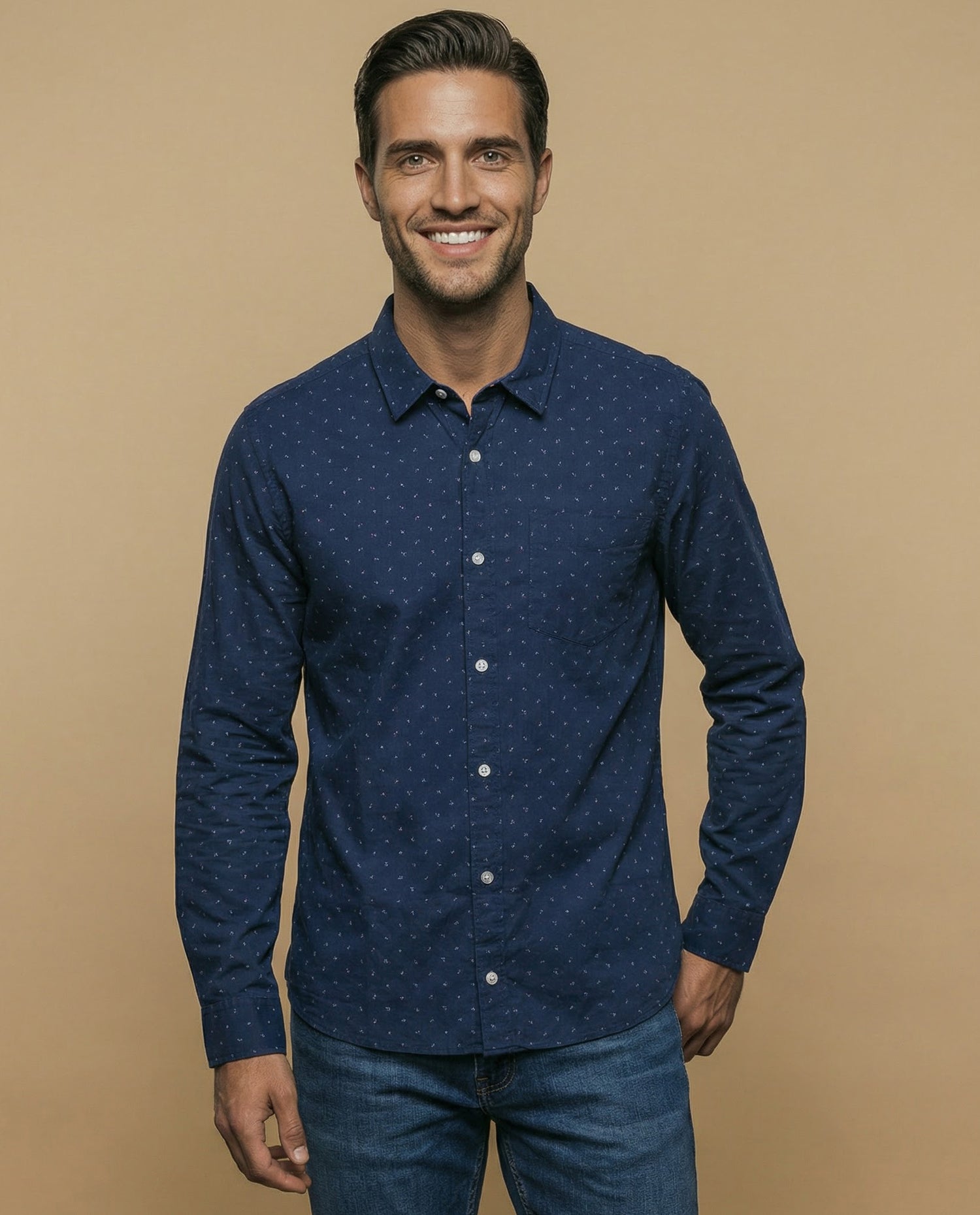 Camisa manga larga con microestampado para hombre - Azul