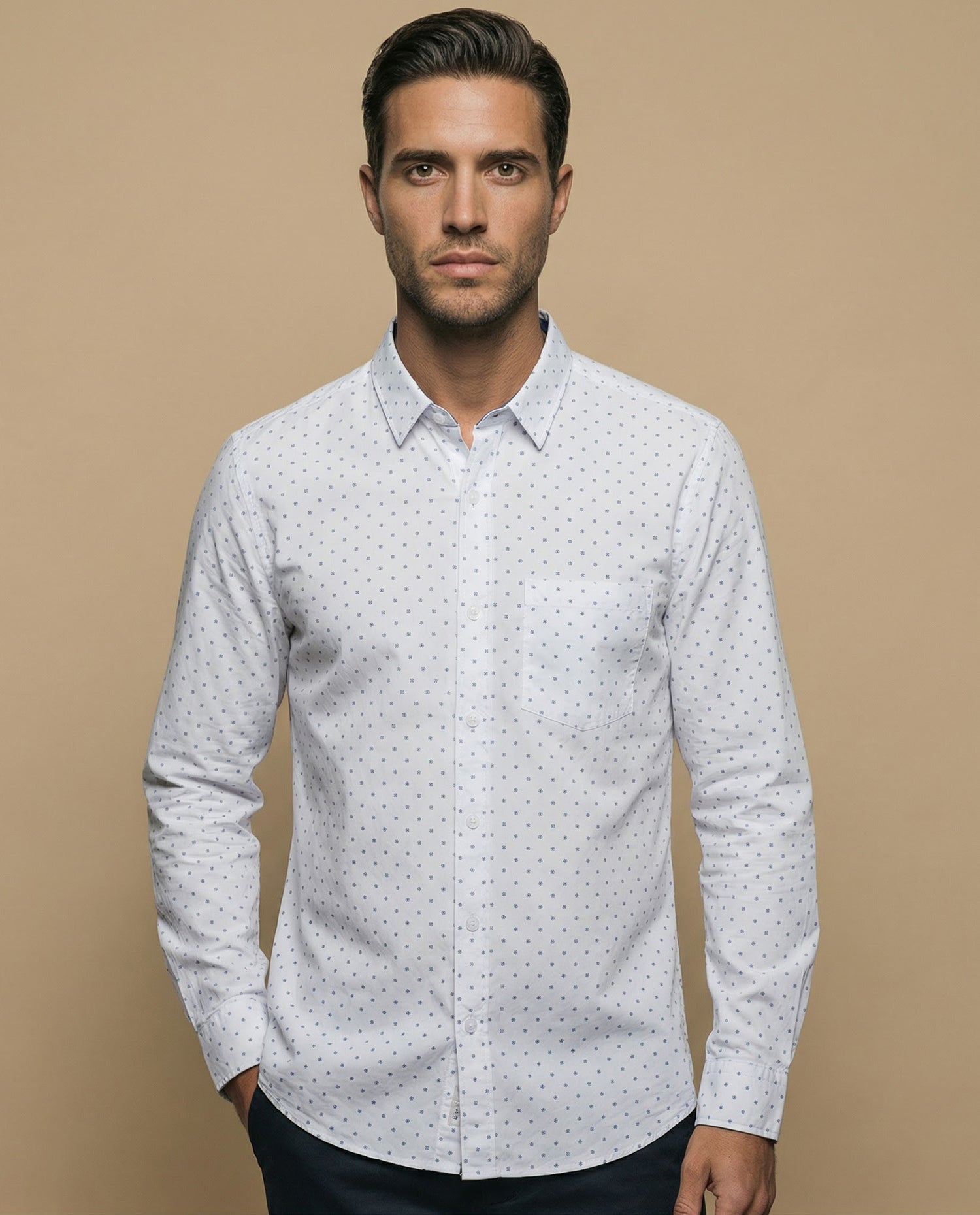 Camisa manga larga con estampado microgeométrico para hombre - Blanco