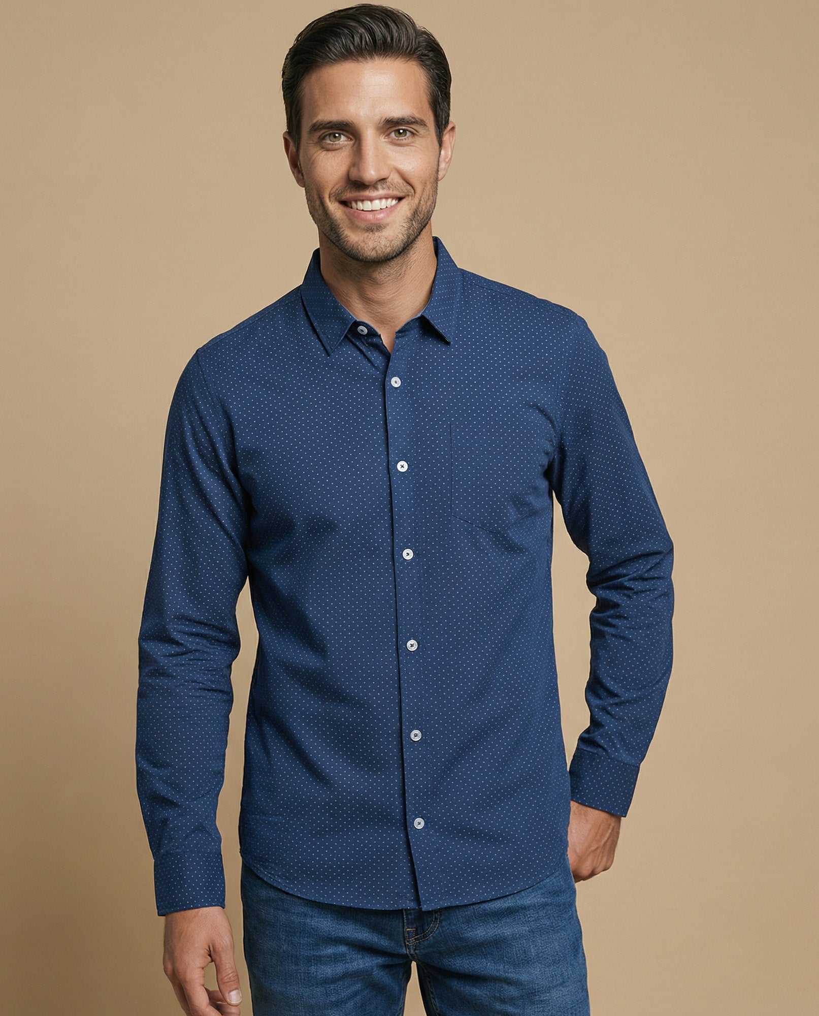 Camisa clásica manga larga con estampado de microlunares para hombre - Azul 34_315F301_AZU193935_0