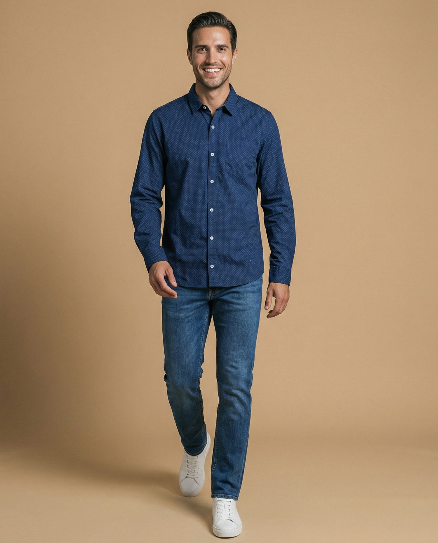 Camisa clásica manga larga con estampado de microlunares para hombre - Azul