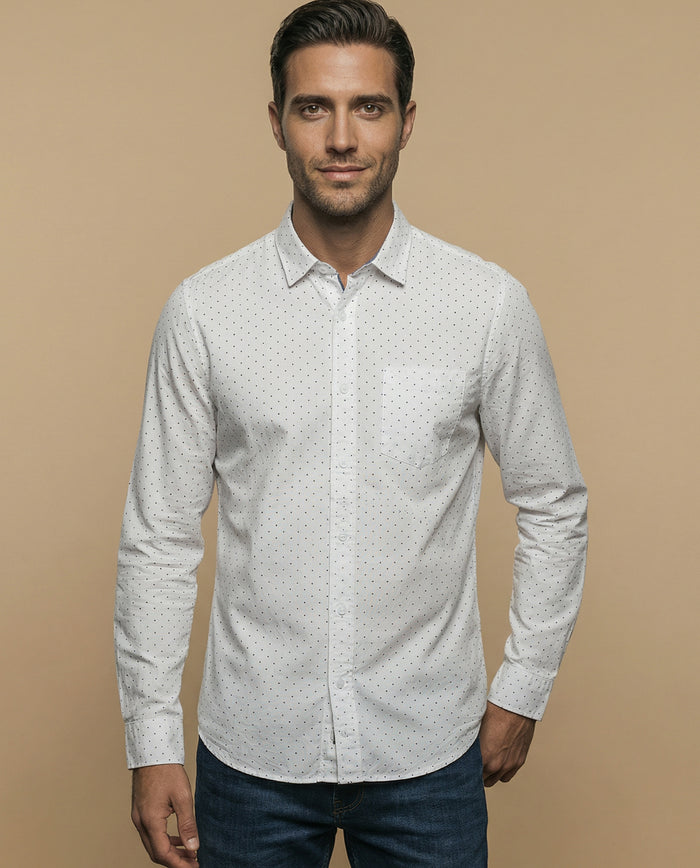 Camisa clásica manga larga con estampado de microlunares para hombre - Blanco 34_315F301_BLA110601_0