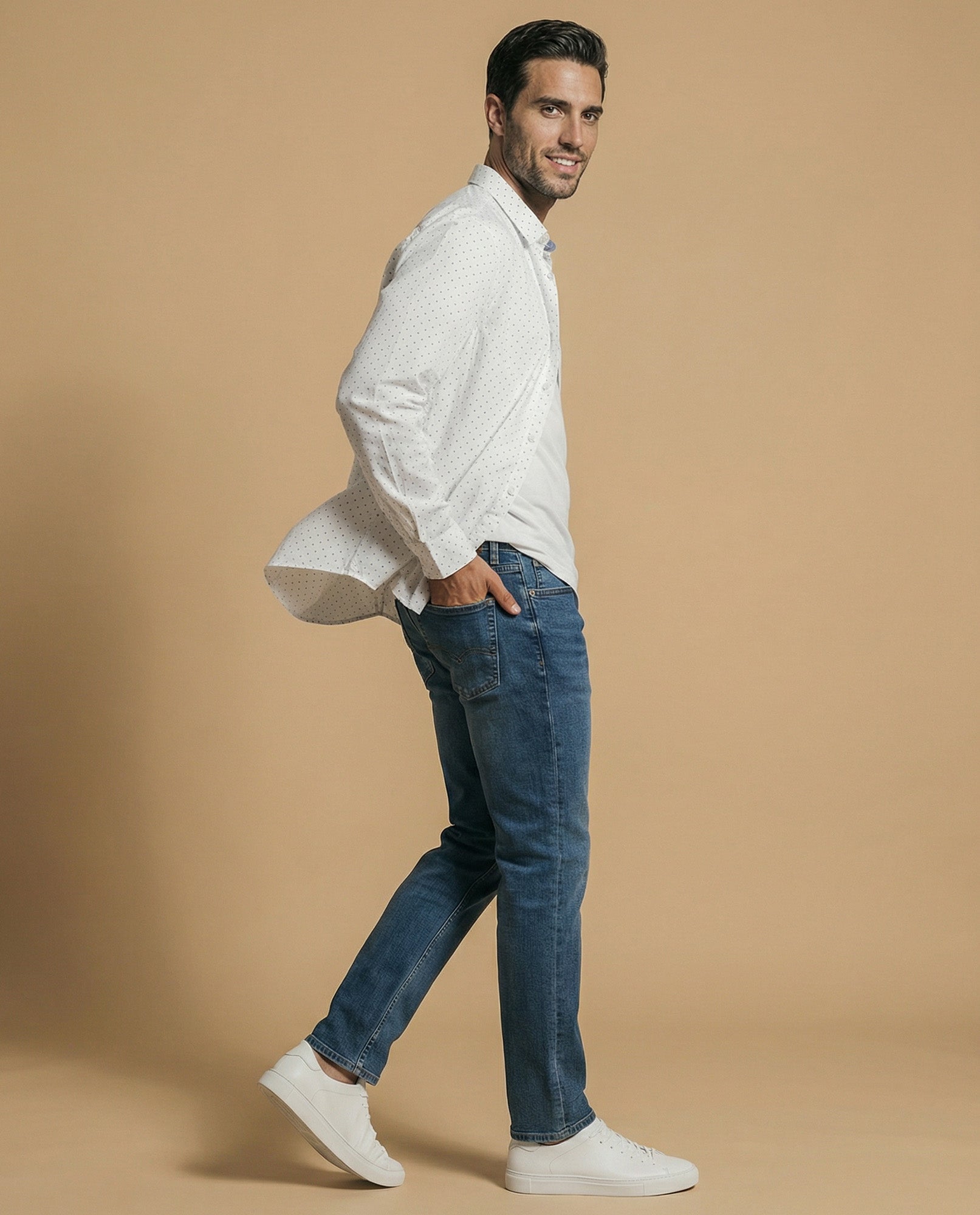 Camisa clásica manga larga con estampado de microlunares para hombre - Blanco 34_315F301_BLA110601_5