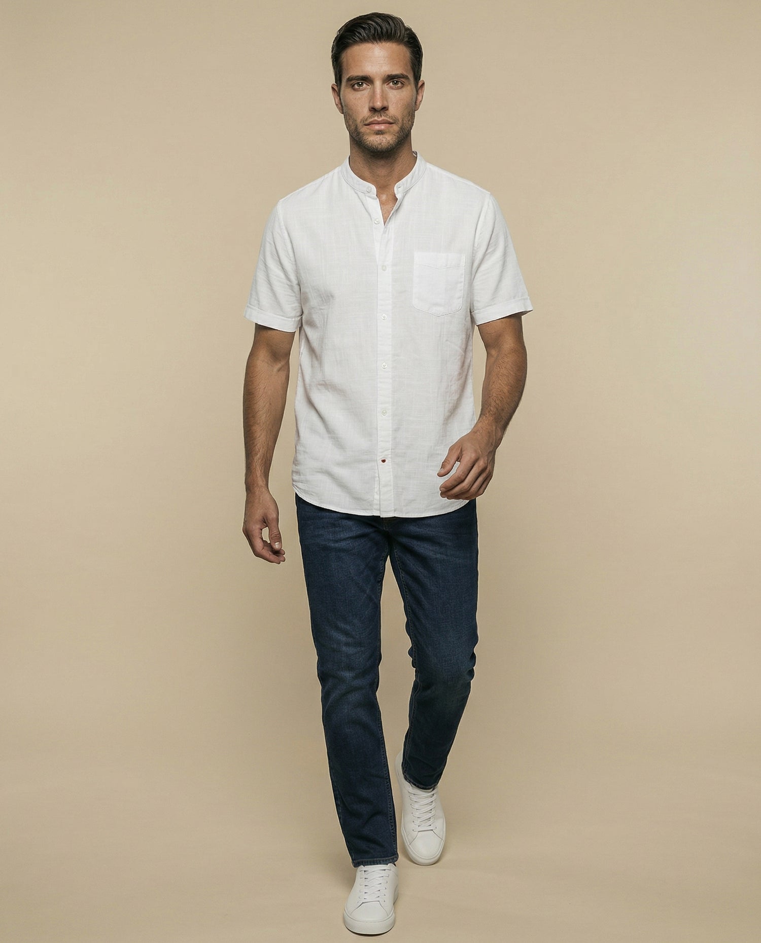 Camisa manga corta cuello mao con bolsillo - Blanco