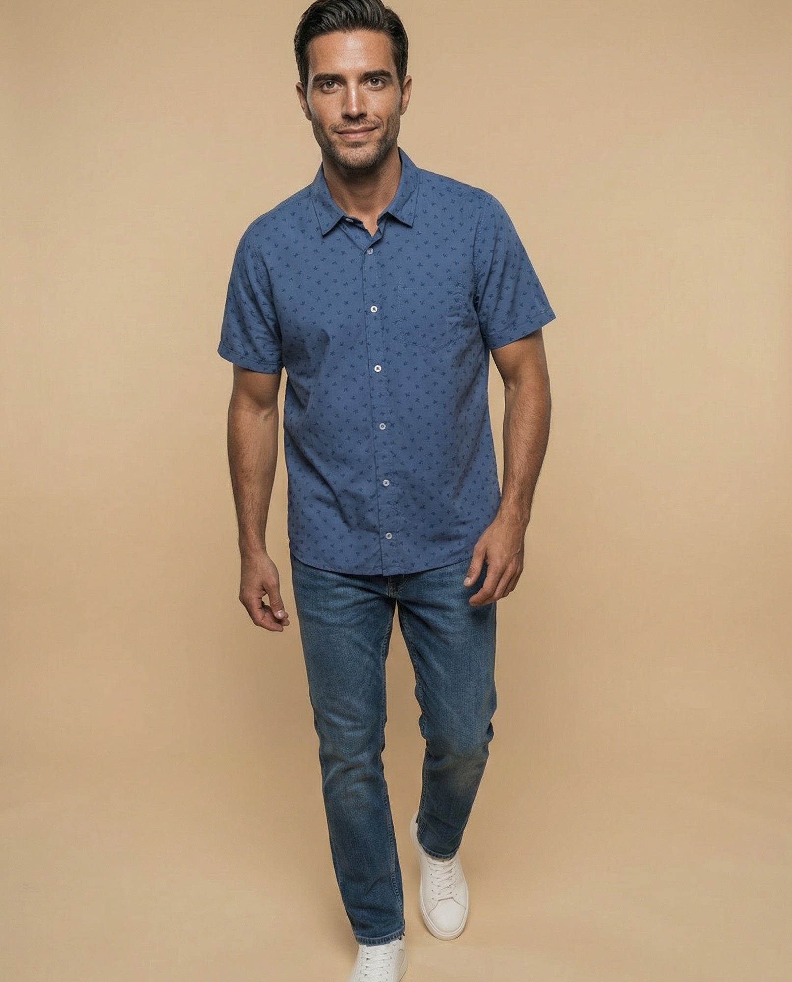 Camisa de manga corta con microestampado de palmeras - Azul 34_315F308_AZU154312_6