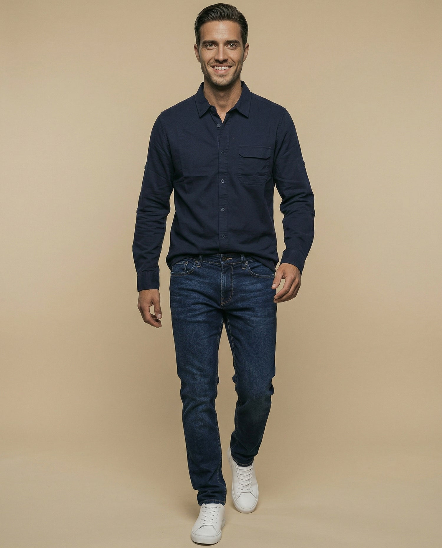 Camisa manga corta cuello camisero con bolsillo - Azul