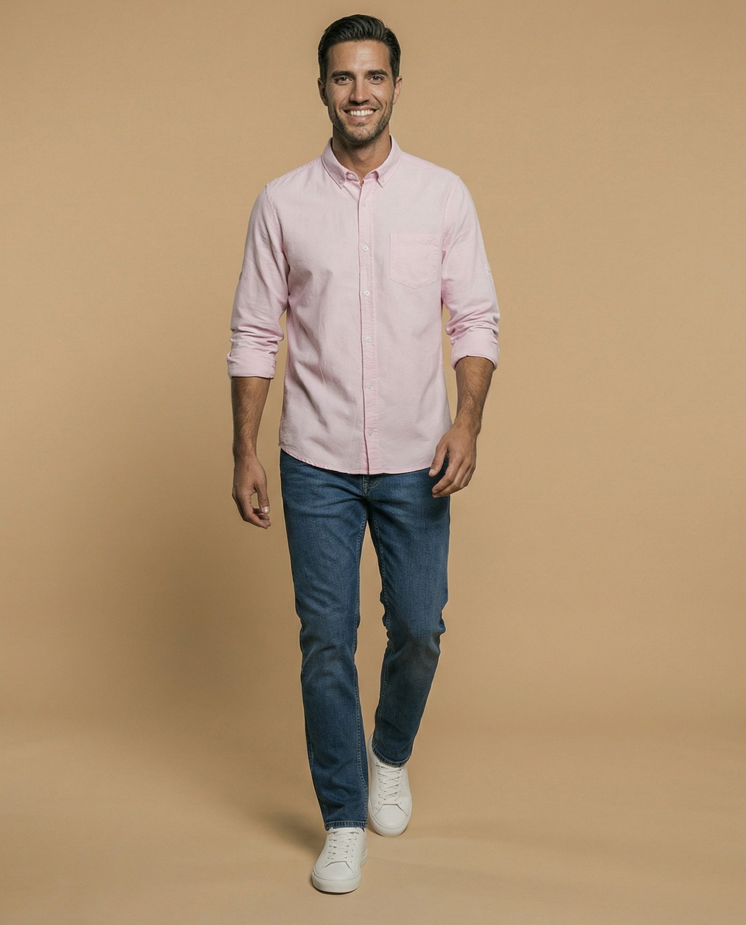 Camisa oxford manga larga con cuello abotonado para hombre - Rosa