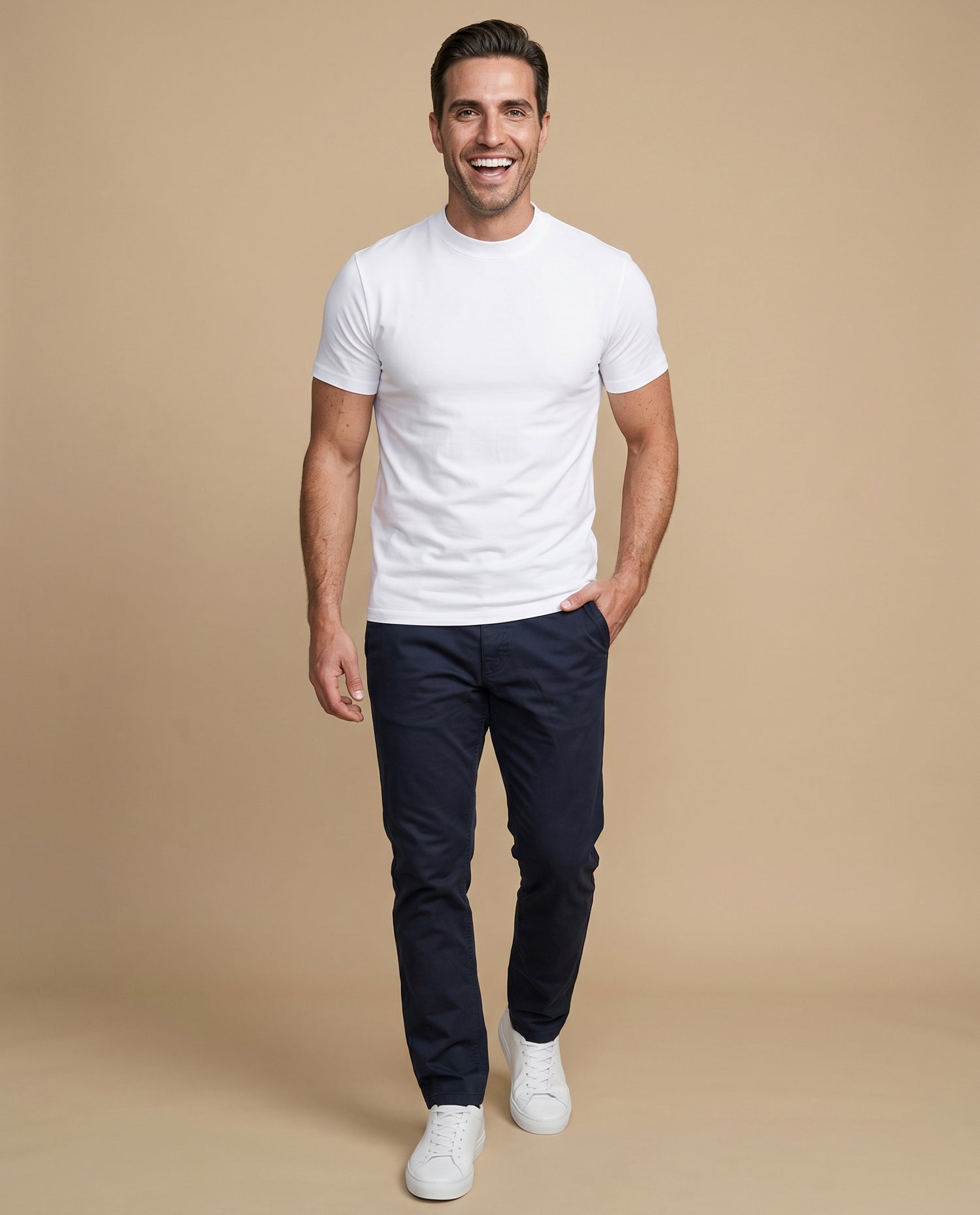 Pantalón recto algodón stretch - Azul