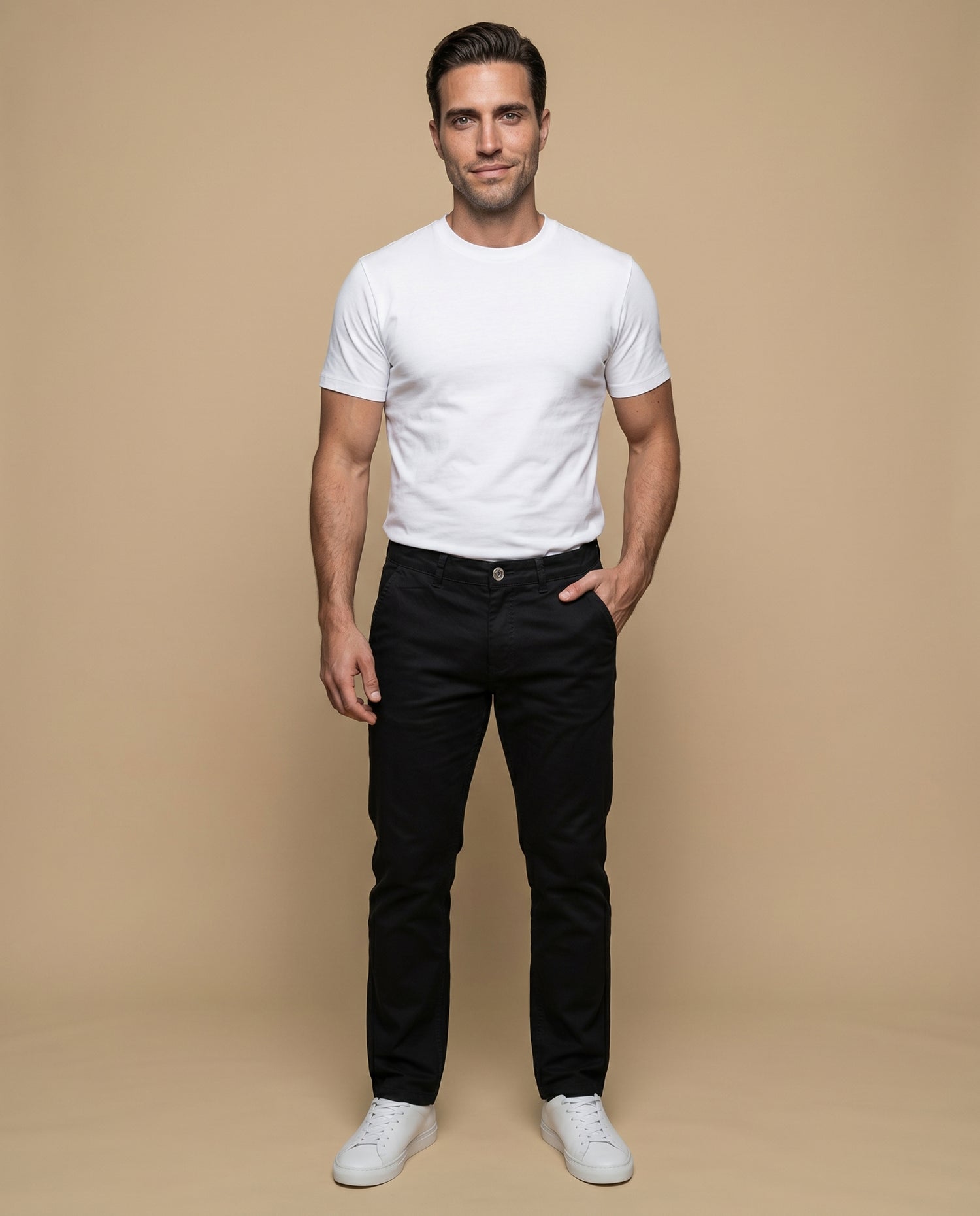 Pantalón recto algodón stretch - Negro